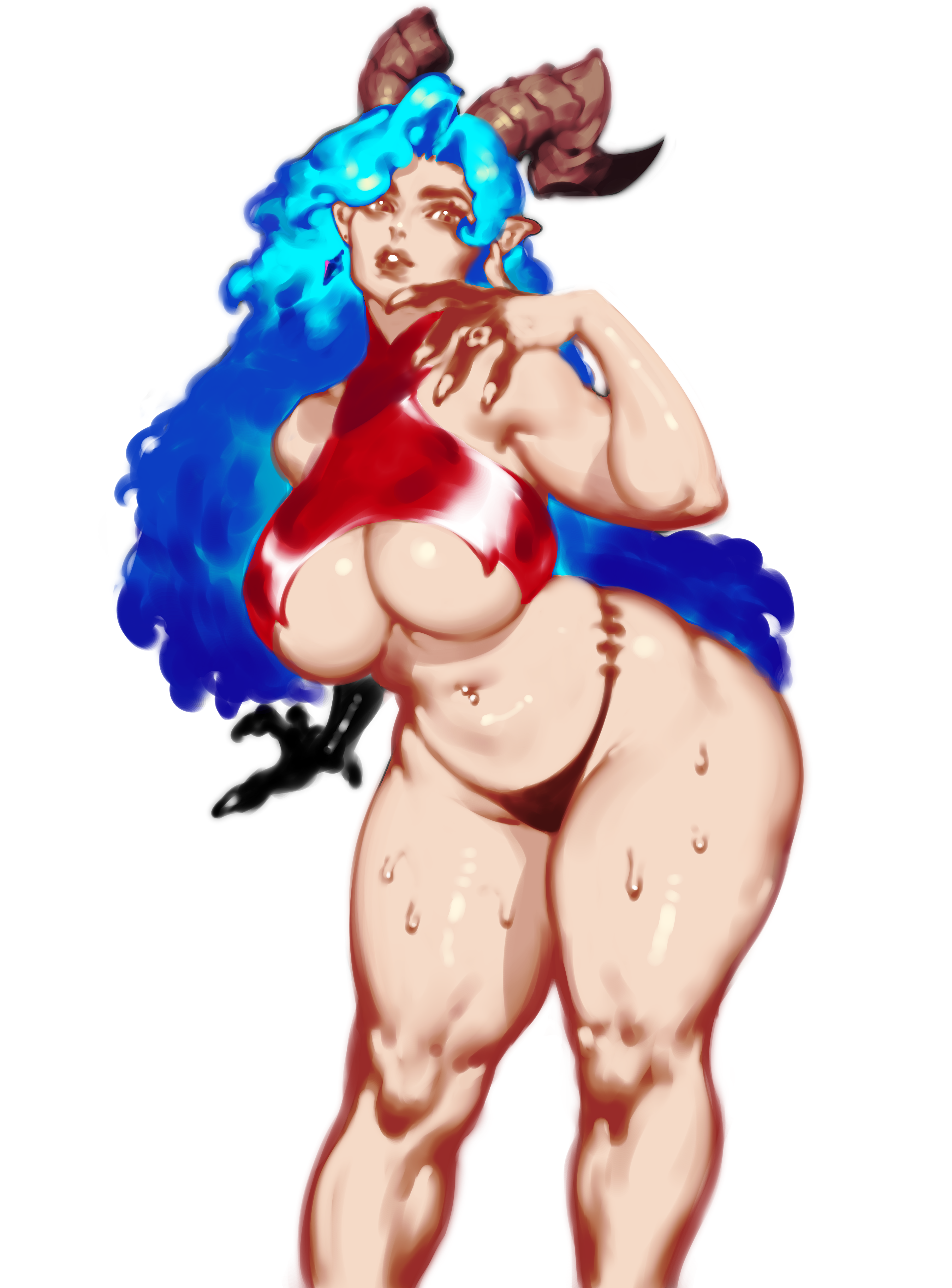 General 4600x6222 ZELUS drawing original characters bikini cleavage big boobs portrait display horns pointy ears standing simple background earring minimalism long hair white background claws looking at viewer wet pierced navel