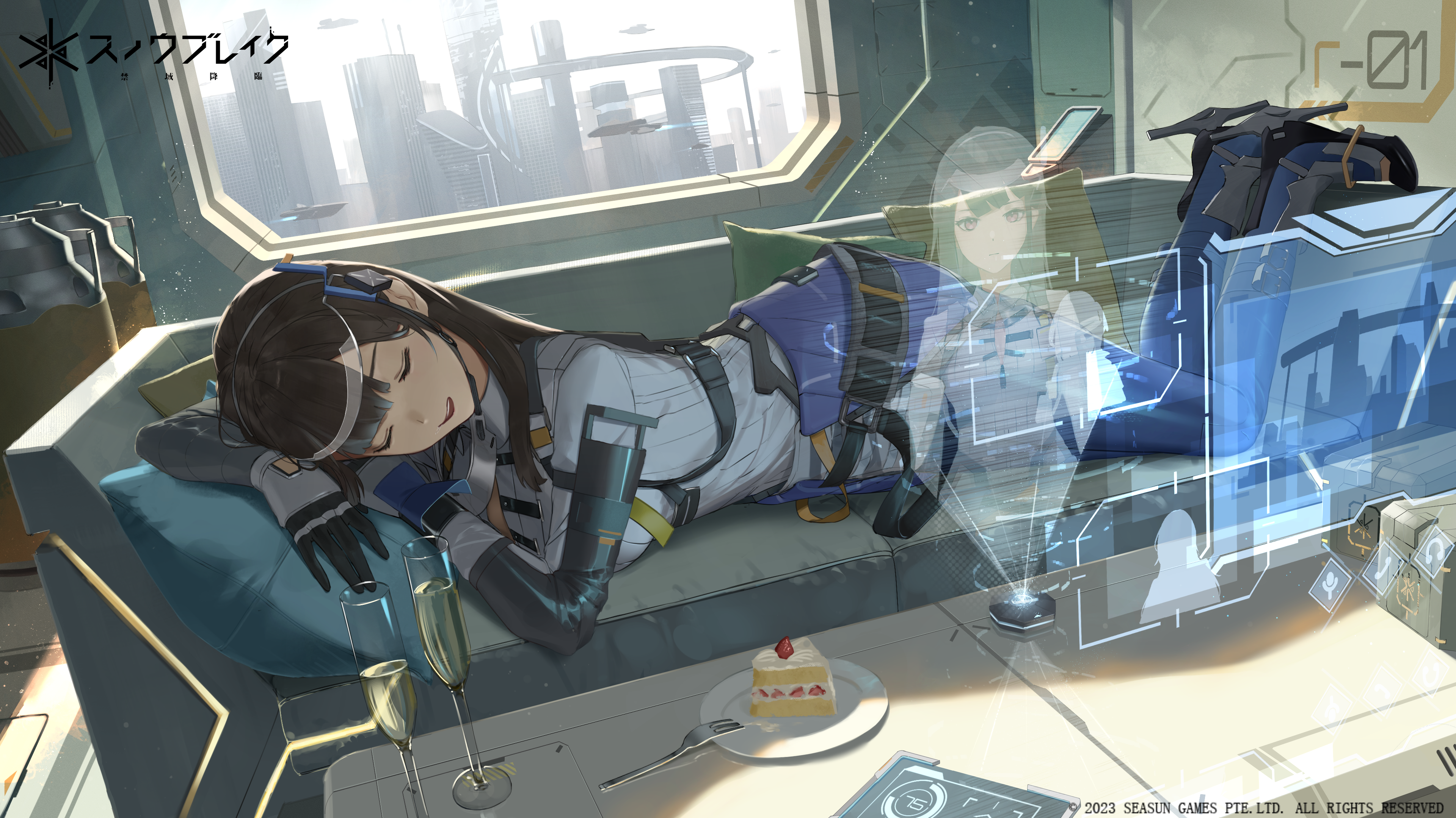 Anime 3840x2160 sleeping closed eyes lying down lying on side long hair cake fork plates watermarked indoors women indoors anime girls pillow drink champagne drinking glass window city building couch hologram technology Snowbreak: Containment Zone Yao (Snowbreak)