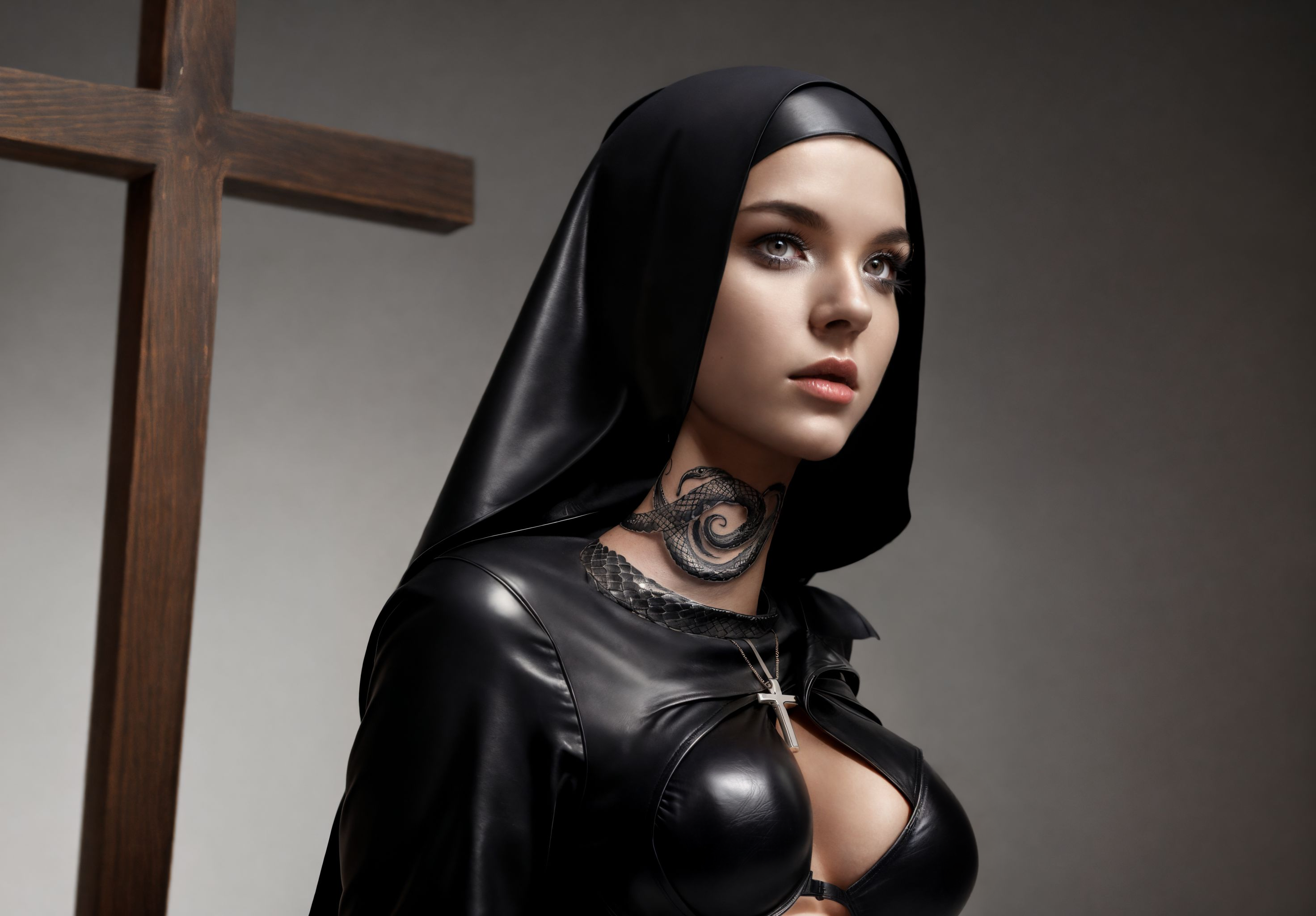 General 2944x2048 nun outfit leather cross religious serpent snake AI art sideboob minimalism digital art boobs simple background nuns tattoo looking away parted lips