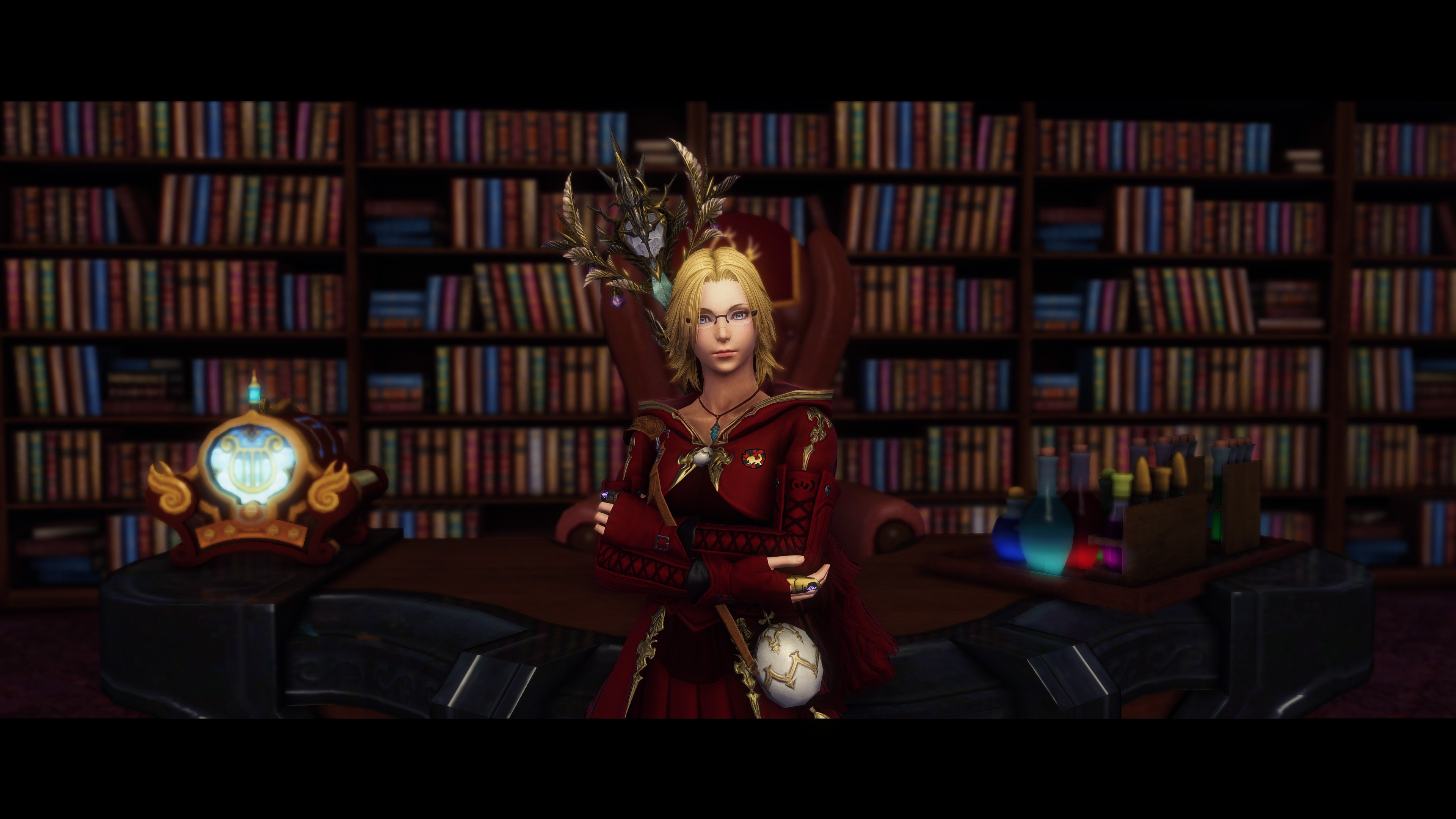 General 3840x2160 Warrior of Light (Final Fantasy) Final Fantasy XIV: A Realm Reborn video game characters CGI video game art screen shot bookshelves video games potions looking at viewer library books table blonde glasses arms crossed chair indoors women indoors