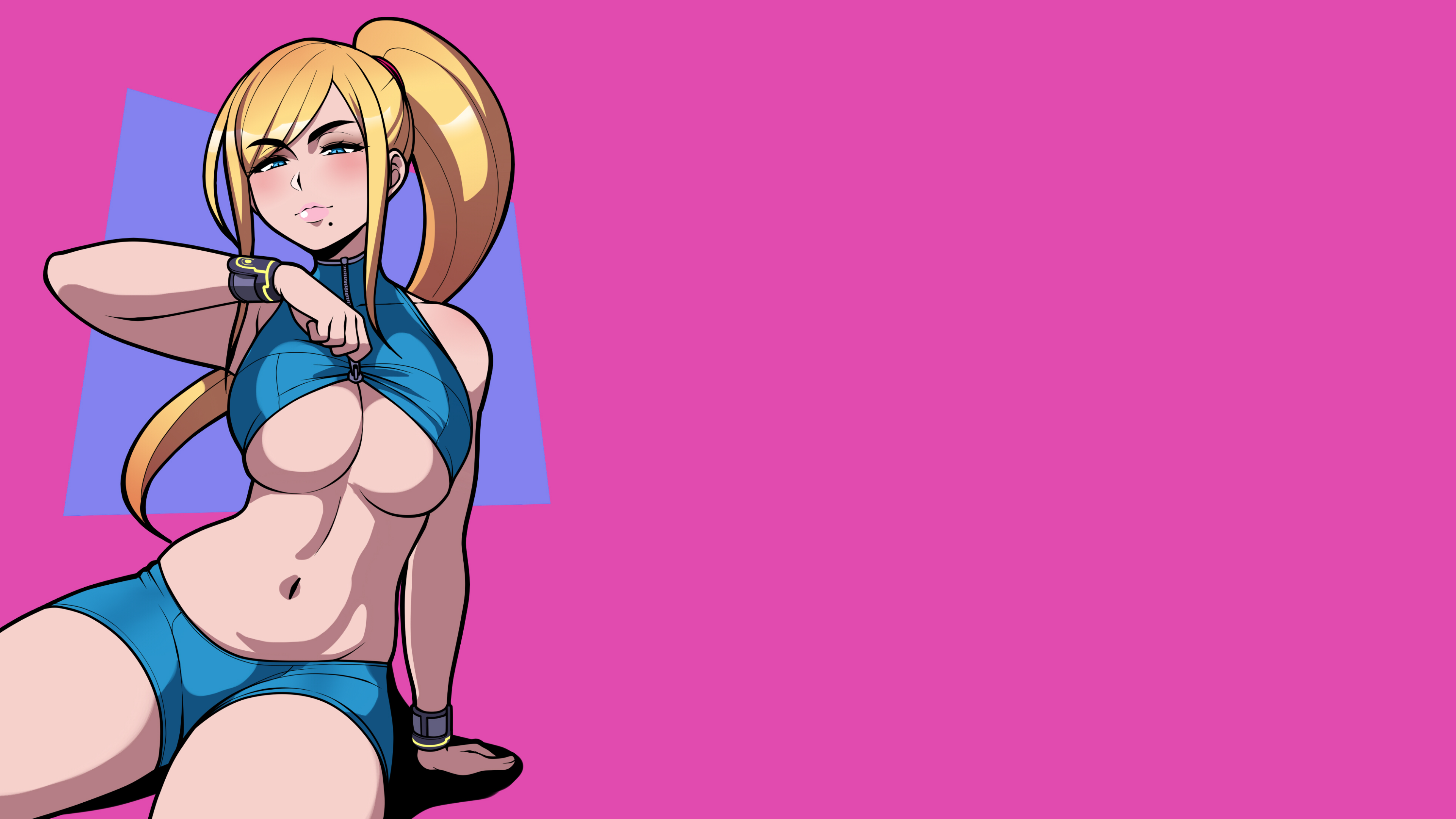 Anime 3840x2160 video games video game girls blonde simple background Samus Aran Nintendo zero suit Zero Suit Samus short shorts blue shorts ponytail bare midriff belly belly button thighs underboob lifting shirt lifting clothes changing clothes crop top blushing bare shoulders armlet bracelets bangs Metroid Super Smash Brothers Super Smash Bros. Ultimate boobs tight clothing tight shorts sitting undressing long hair moles mole under mouth
