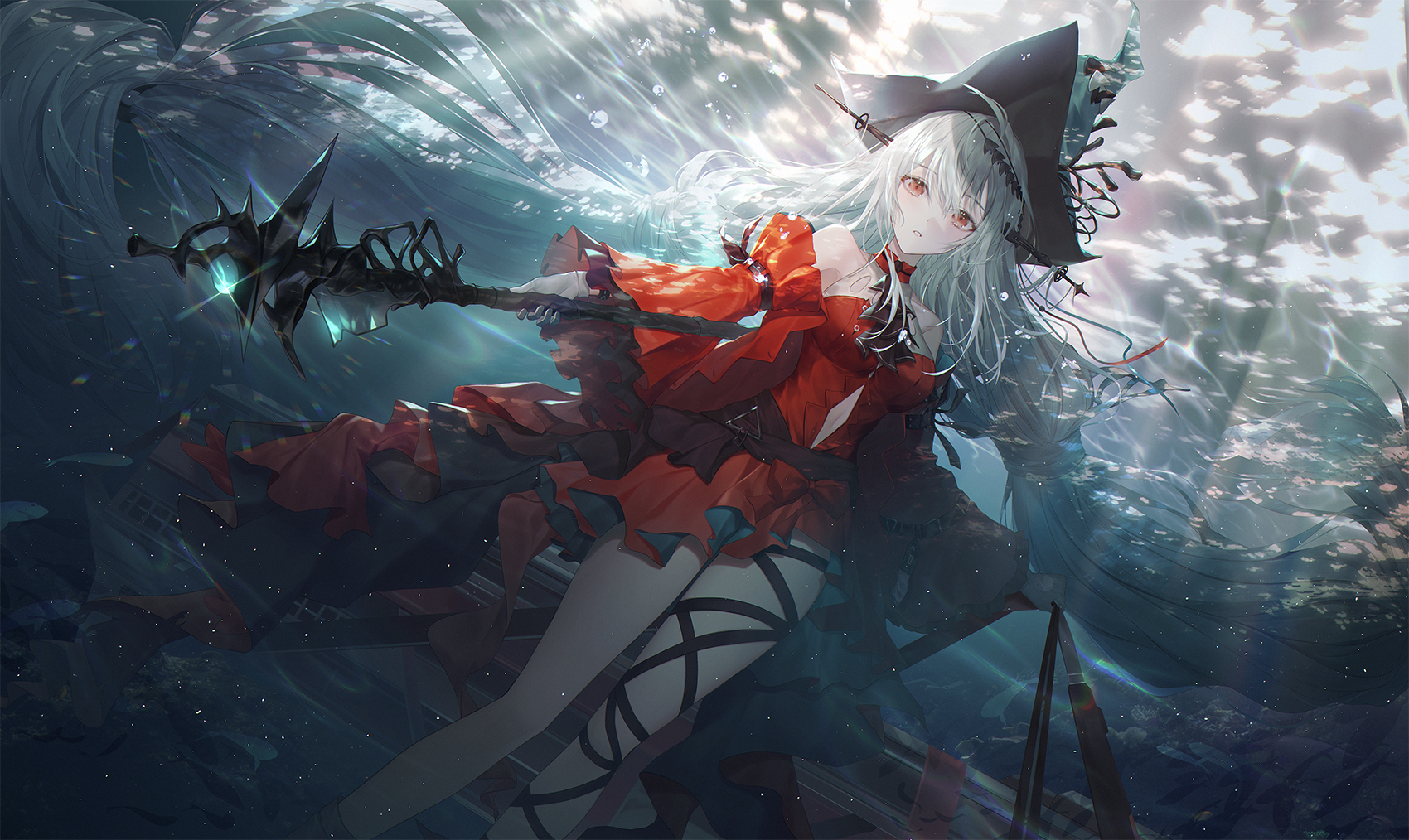 Anime 1700x1014 anime anime girls Pixiv Arknights Skadi (Arknights) water underwater sunlight looking at viewer long hair white hair red eyes dress gloves hat bare shoulders frills water drops in water