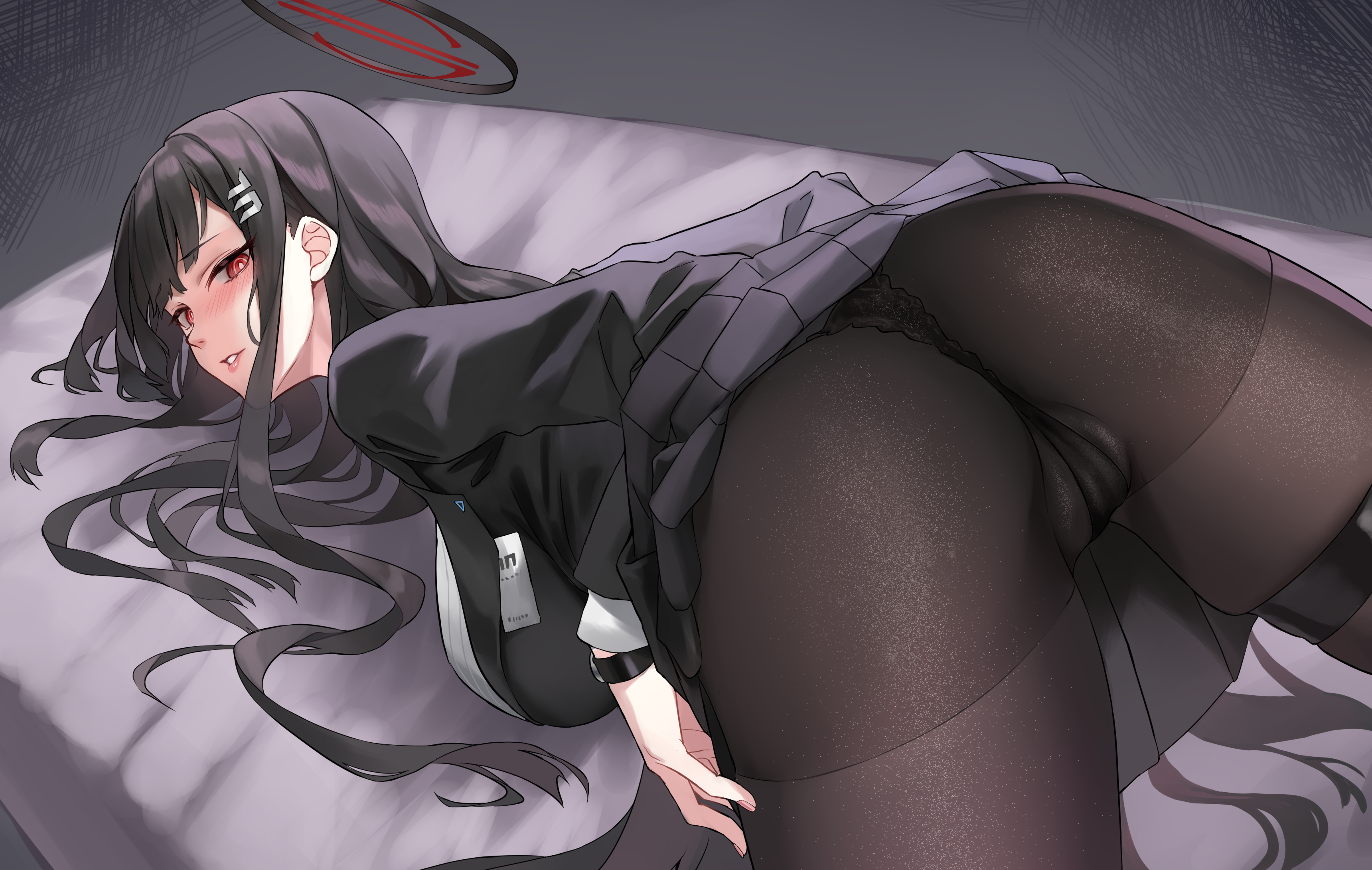 Anime 3439x2181 Blue Archive bent over looking back red eyes Tsukatsuki Rio upskirt underwear black panties black underwear panties looking at viewer hair clip hair ornament black hair long hair parted lips black pantyhose cameltoe in bed simple background big boobs black suit blushing wristwatch long sleeves pantyhose black skirts black thong Zi Se ass suits lip slip anime girls rear view thong
