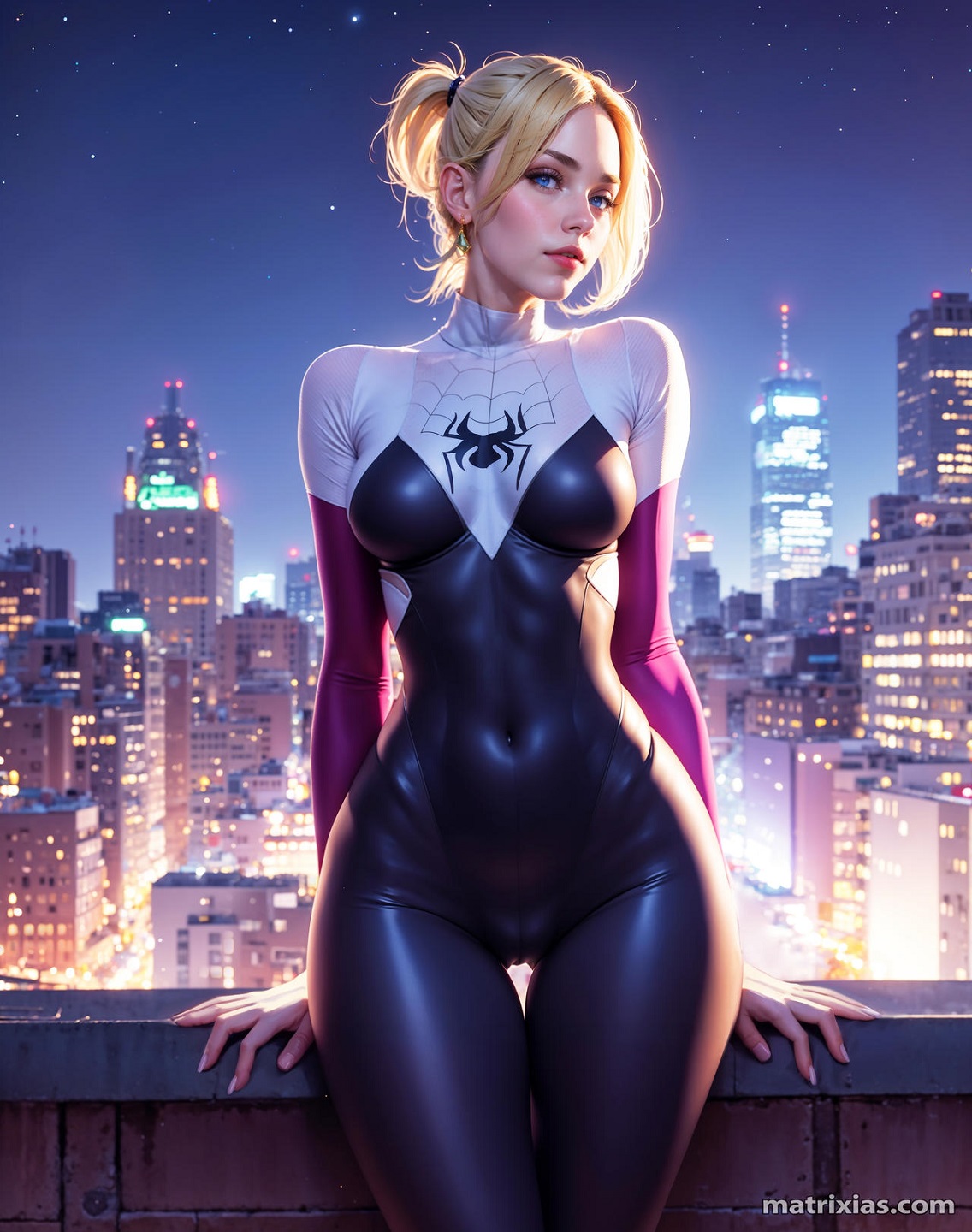 General 1136x1440 Stable Diffusion AI art women Gwen Stacy blonde bodysuit rooftops Marvel Comics Spider Gwen cityscape portrait display digital art night city city lights looking at viewer short hair the gap parted lips building watermarked earring Ghost Spider
