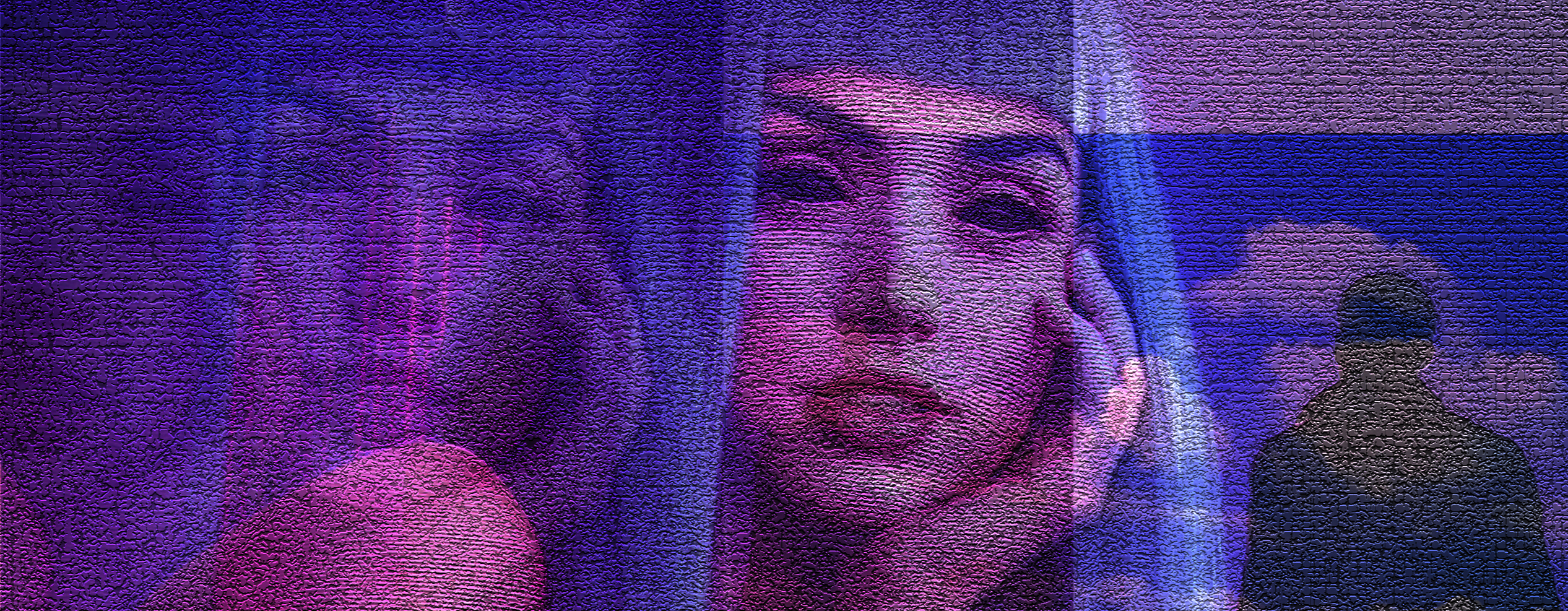 General 2533x987 Blade Runner 2049 Ana de Armas neon cyber hand on face parted lips long hair blue hair looking at viewer glitch art women actress movies movie characters digital art