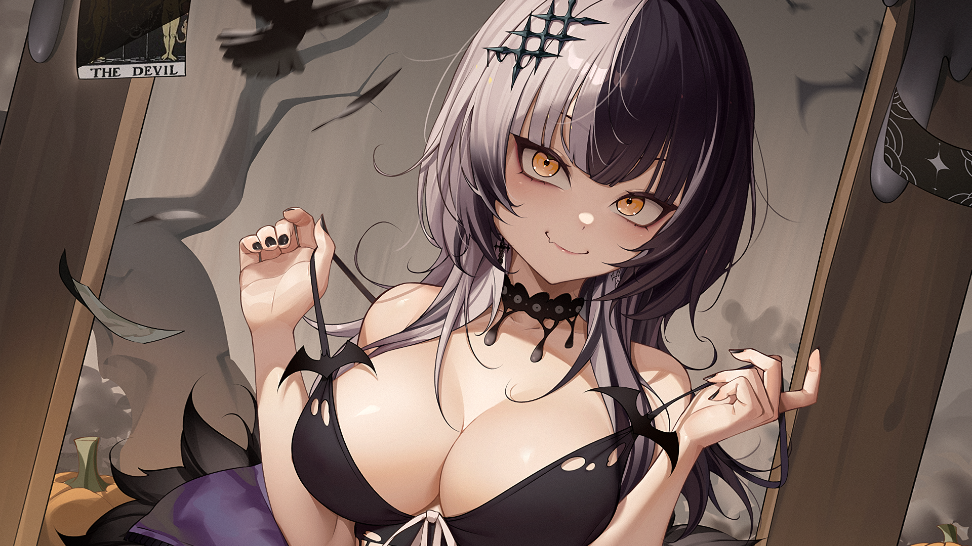 Anime 1920x1080 two color hair boobs anime girls yellow eyes Hololive gothic Virtual Youtuber cleavage Shiori Novella pumpkin looking at viewer long hair closed mouth smiling bare shoulders choker