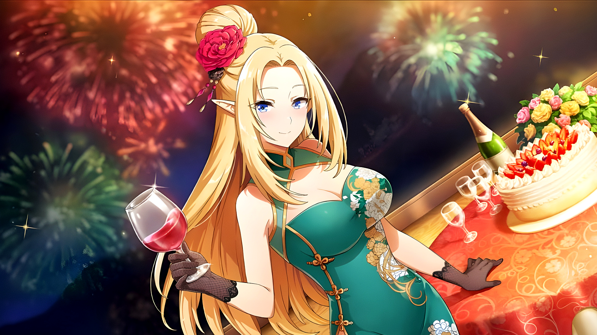 Anime 1920x1080 The Eminence in Shadow anime Shadow Garden chinese dress fireworks Alpha looking at viewer cleavage cutout drink cleavage long hair flower in hair blonde blue eyes pointy ears big boobs drinking glass gloves cake table flowers bottles sky night mountains closed mouth smiling blushing wine stars