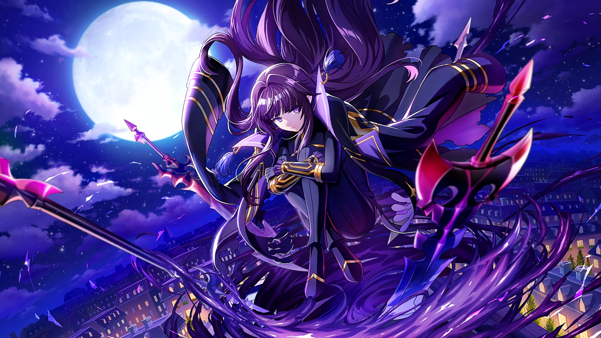 Anime 1920x1080 The Eminence in Shadow anime Lloyd Wright (Eta) Shadow Garden Moon slime sword elves anime girls moonlight clouds cityscape night women with swords purple hair closed mouth looking at viewer sky feet crossed long hair building city lights