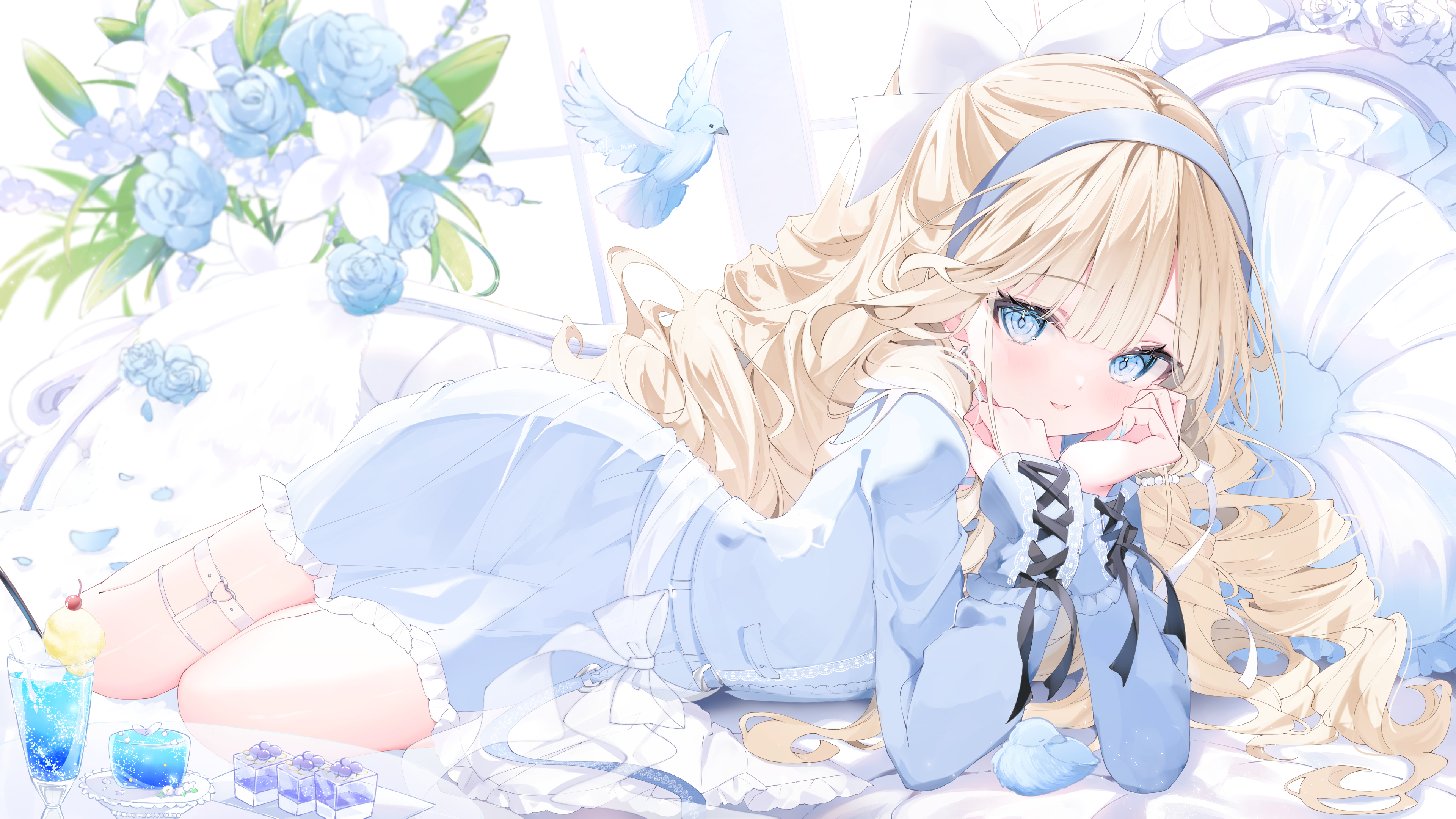 Anime 3840x2160 anime anime girls blushing long hair food flowers dress blue eyes animals okomeillust loli