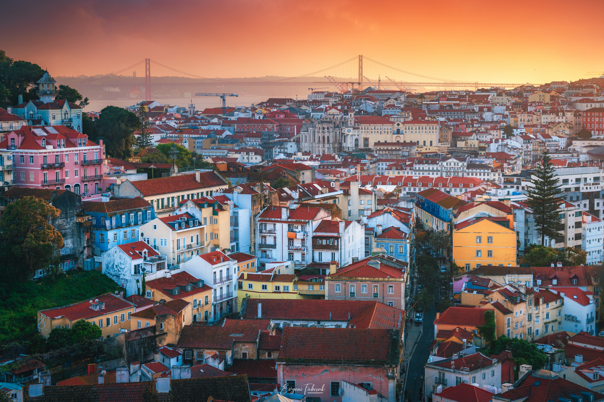 General 2048x1365 Evgeni Fabisuk cityscape building sunset photography trees plants rooftops bridge watermarked Portugal Lisbon