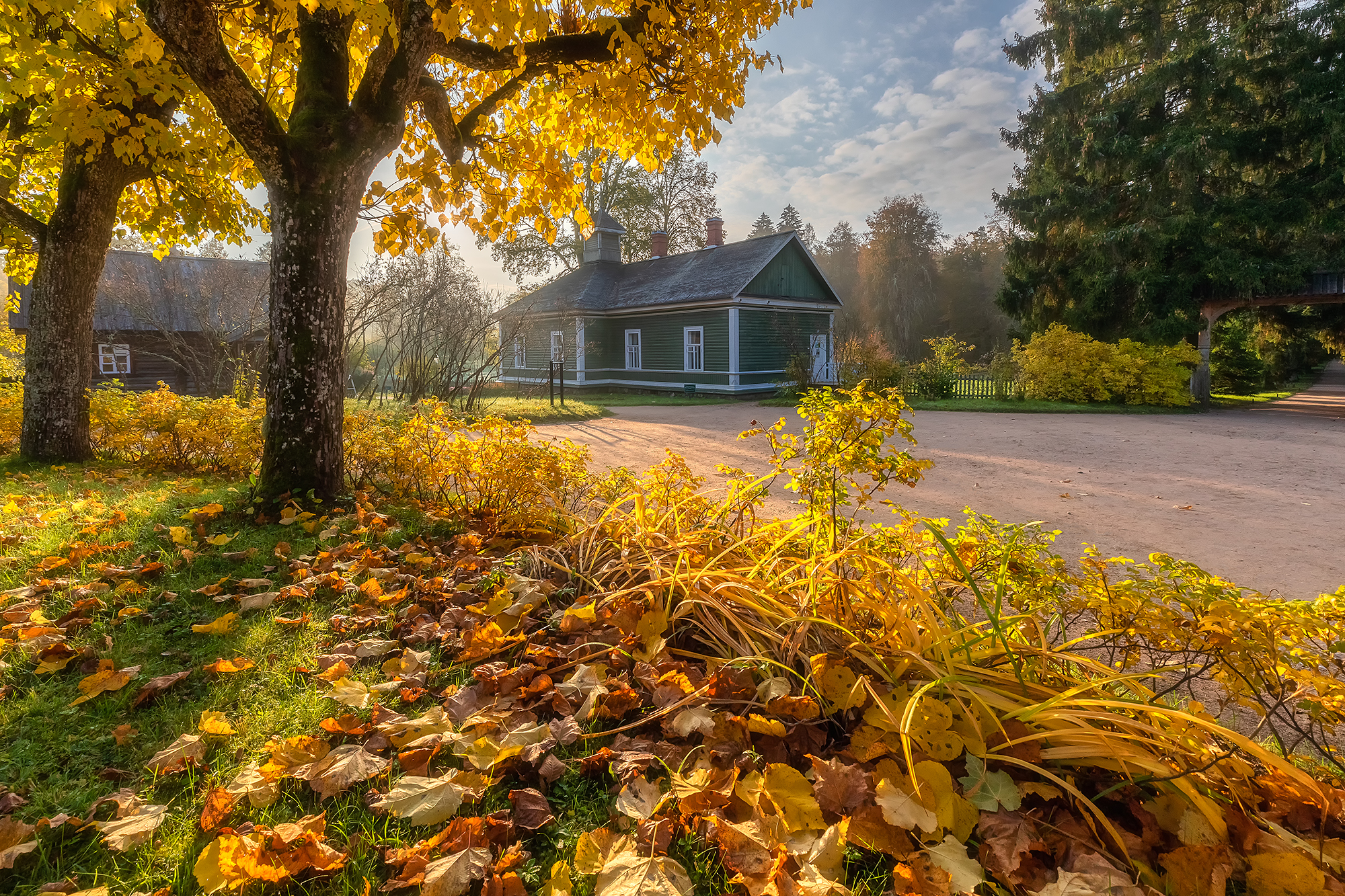 General 2000x1333 Alexander Pashenichev leaves road house trees outdoors warm photography clouds grass fall fallen leaves
