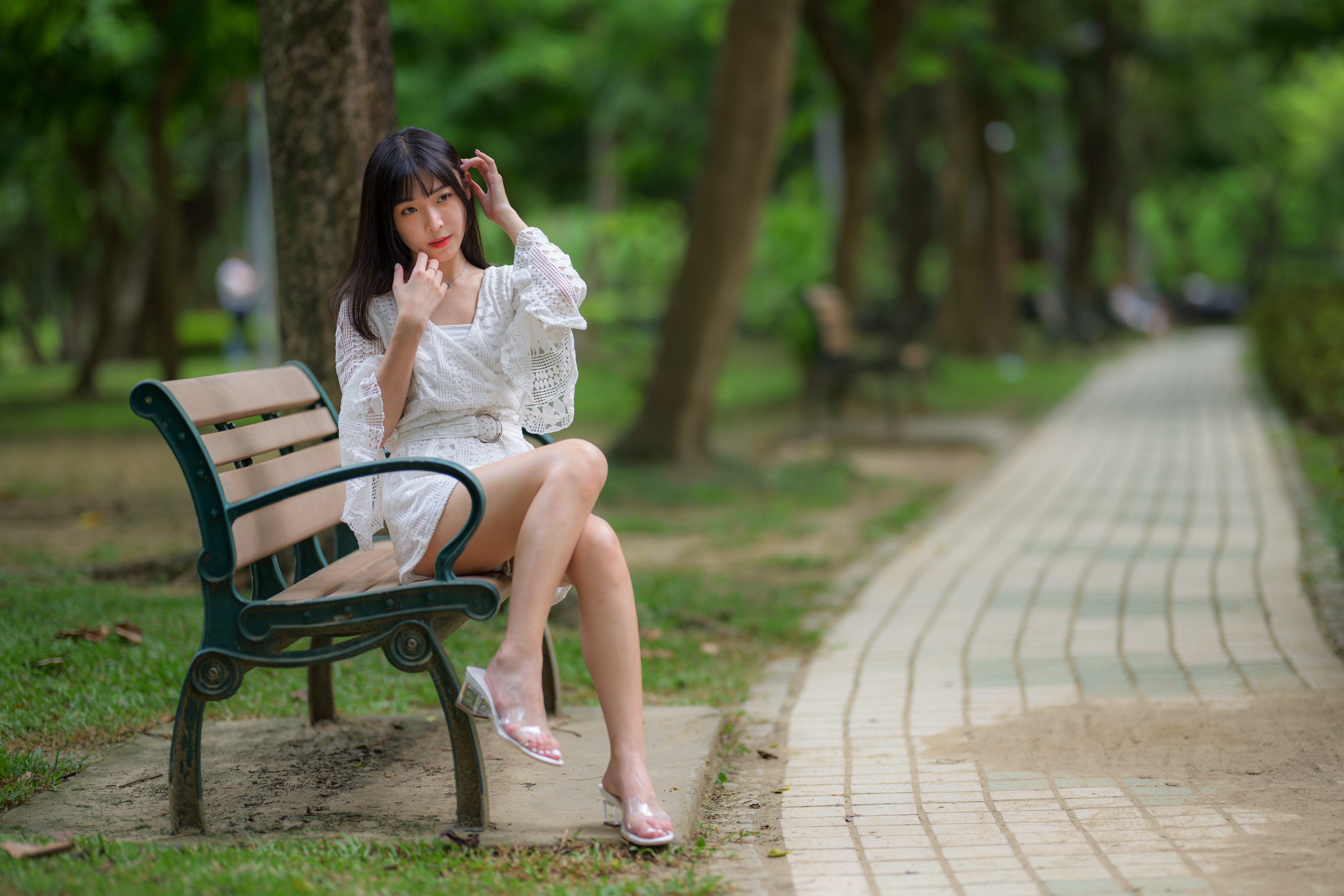 People 3840x2560 Asian model women dark hair long hair sitting bench barefoot sandal
