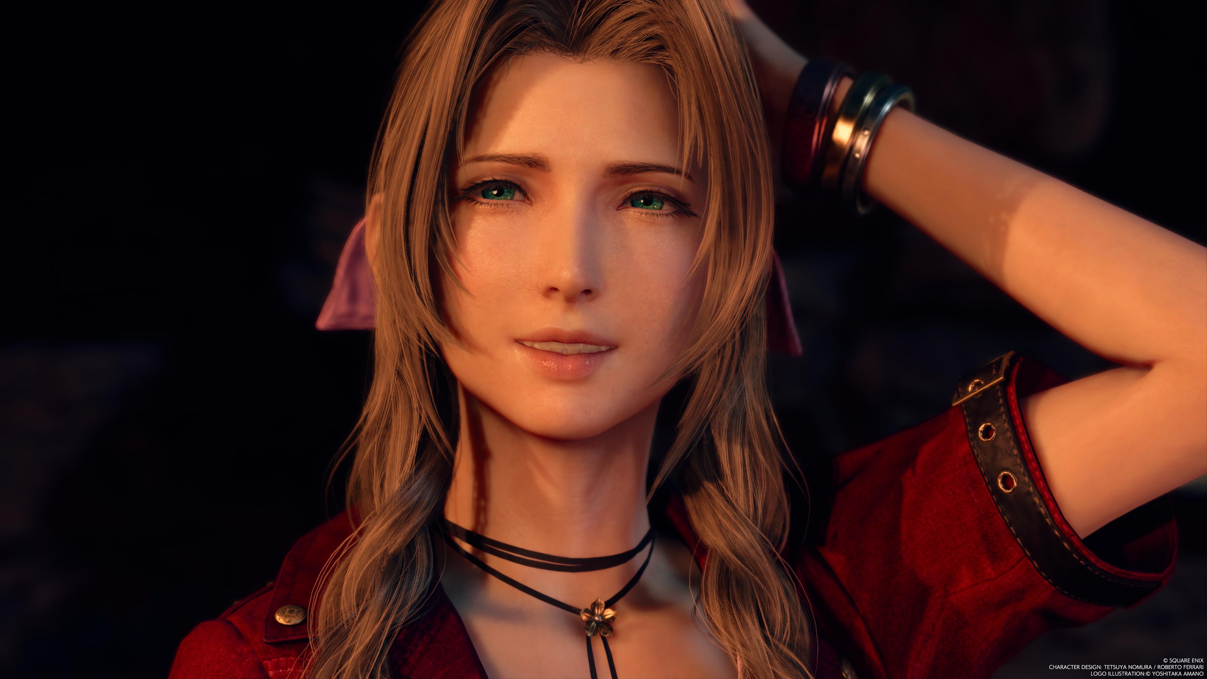 General 3840x2160 Final Fantasy VII: Rebirth Aerith Gainsborough Final Fantasy video games video game girls JRPGs Square Enix long hair video game characters CGI parted lips one arm up brunette blue eyes looking at viewer face bracelets watermarked Yoshitaka Amano teeth video game art screen shot smiling