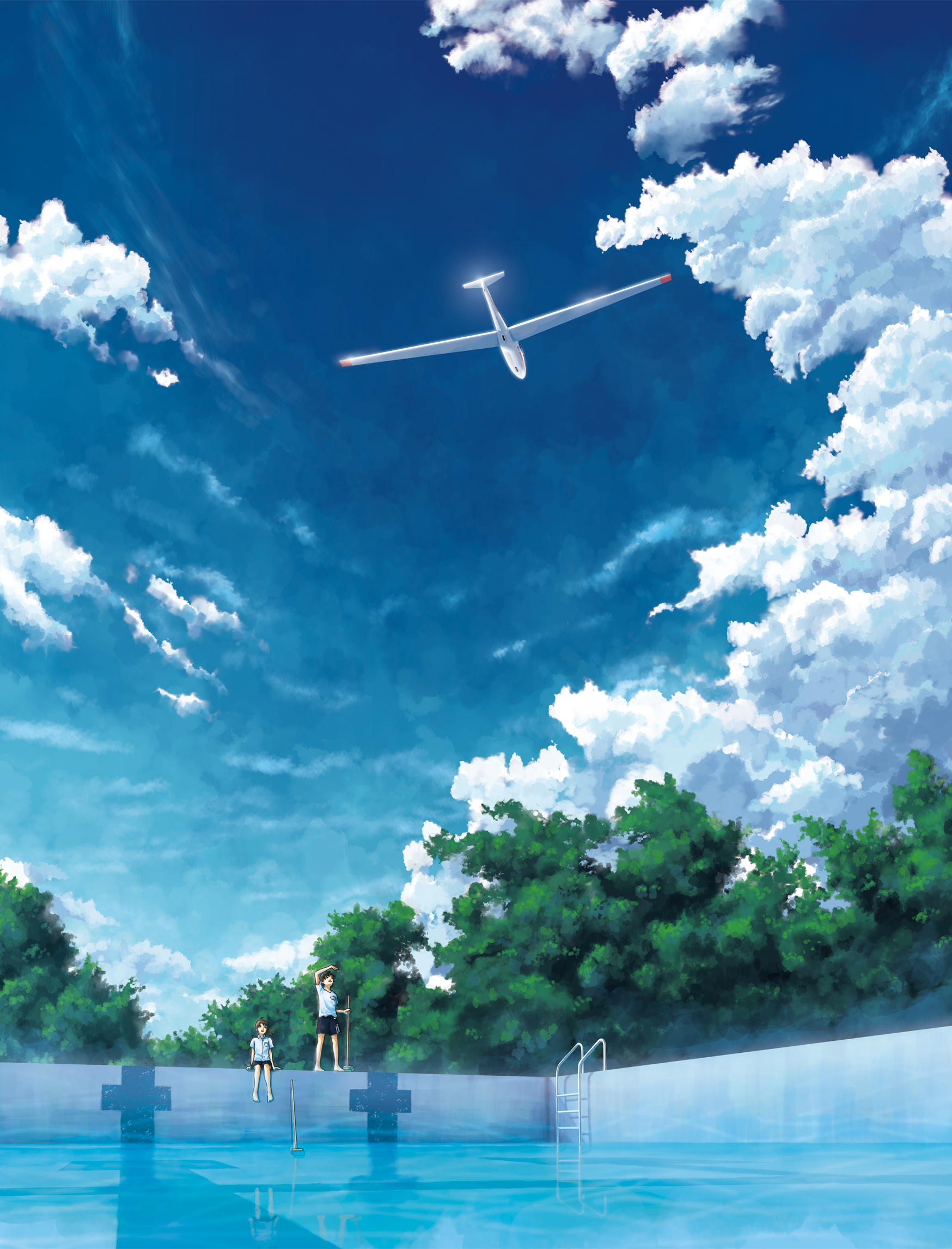Anime 1748x2292 portrait display water swimming pool clouds trees glider outdoors cumulus
