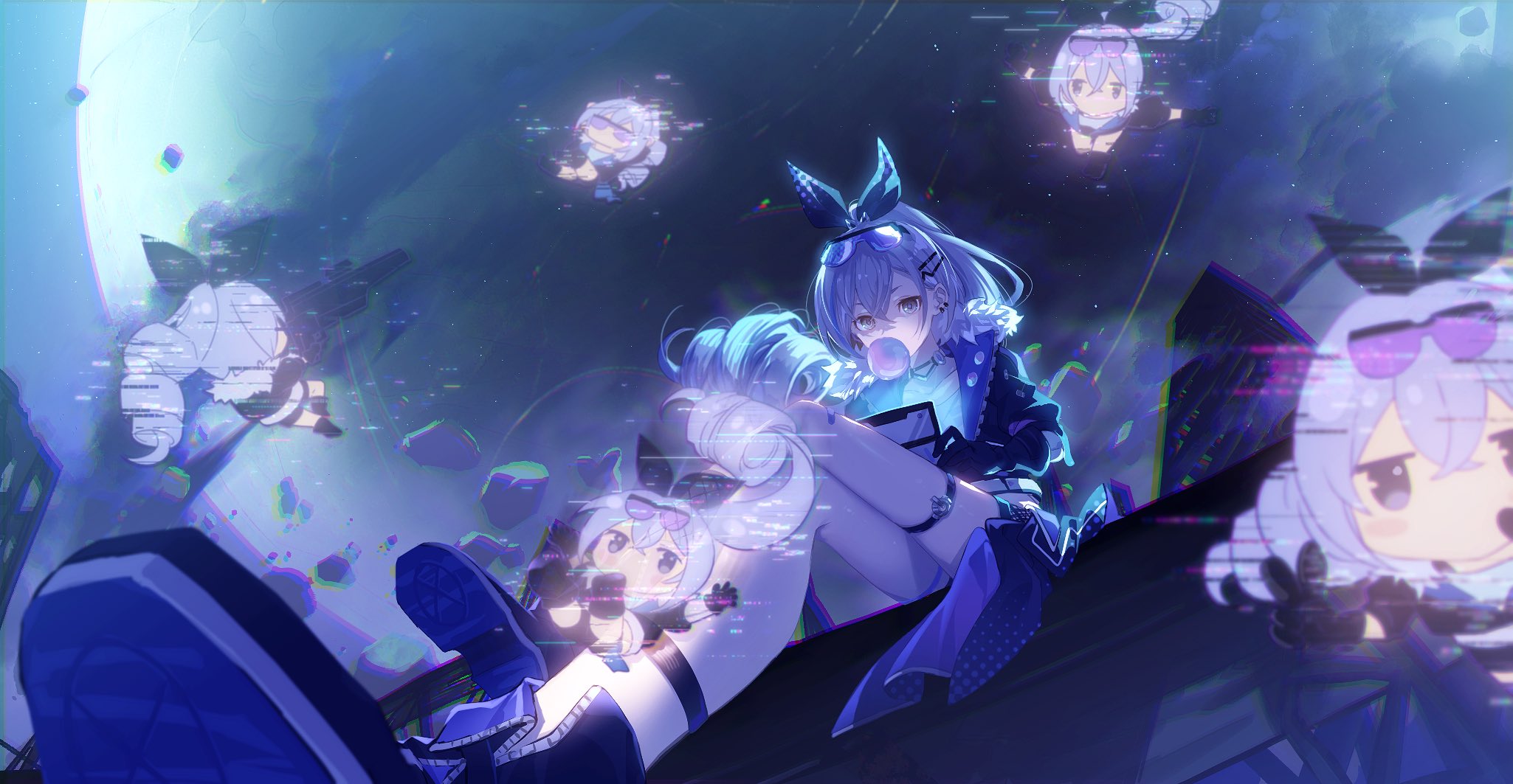Anime 2050x1063 Silver Wolf (Honkai: Star Rail) Honkai: Star Rail anime bow blue hair hologram space