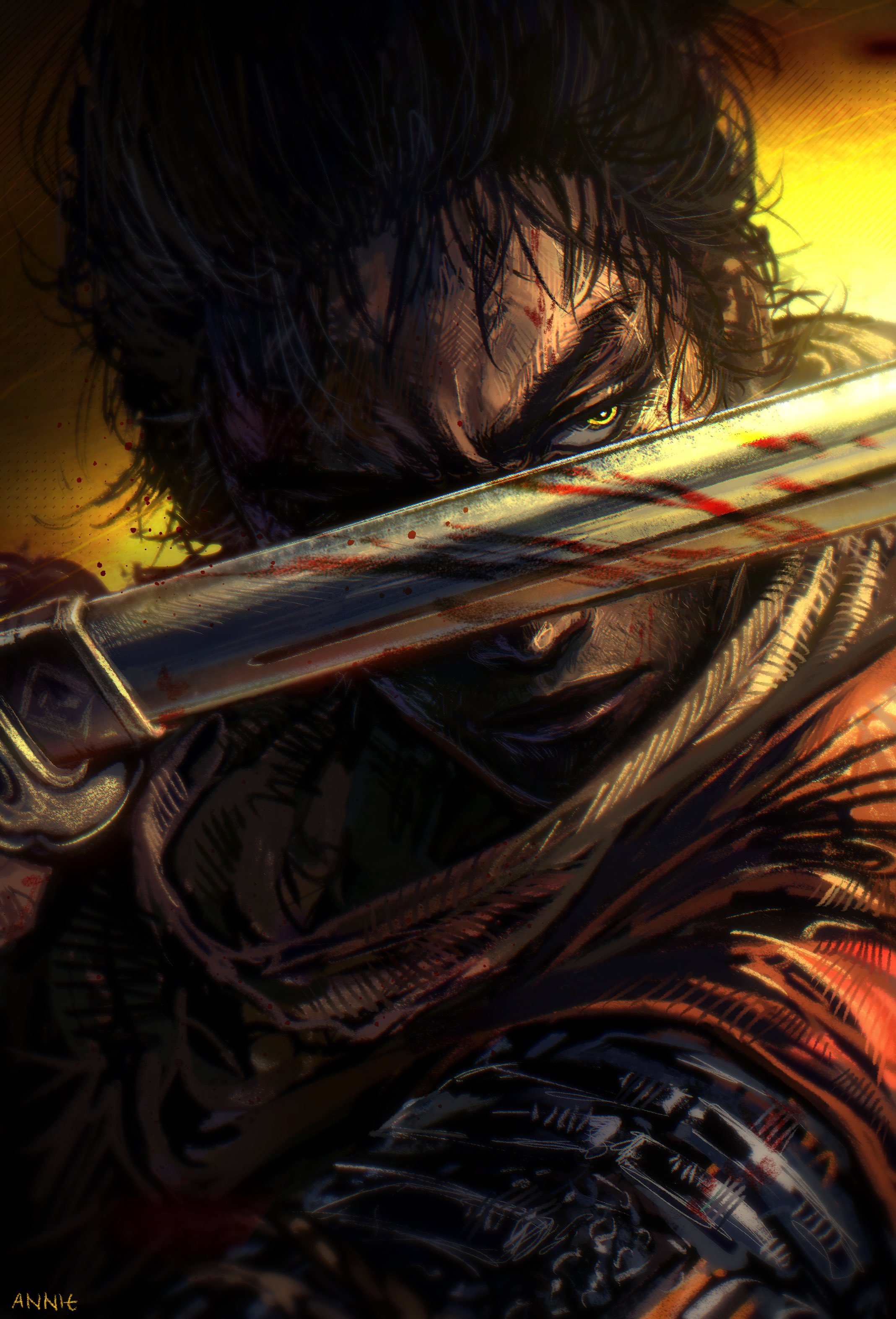 General 2137x3146 fantasy art digital art artwork video game art Sekiro: Shadows Die Twice sword men with swords one eye obstructed blood signature Annie (Artist) video games looking away closed mouth black hair weapon