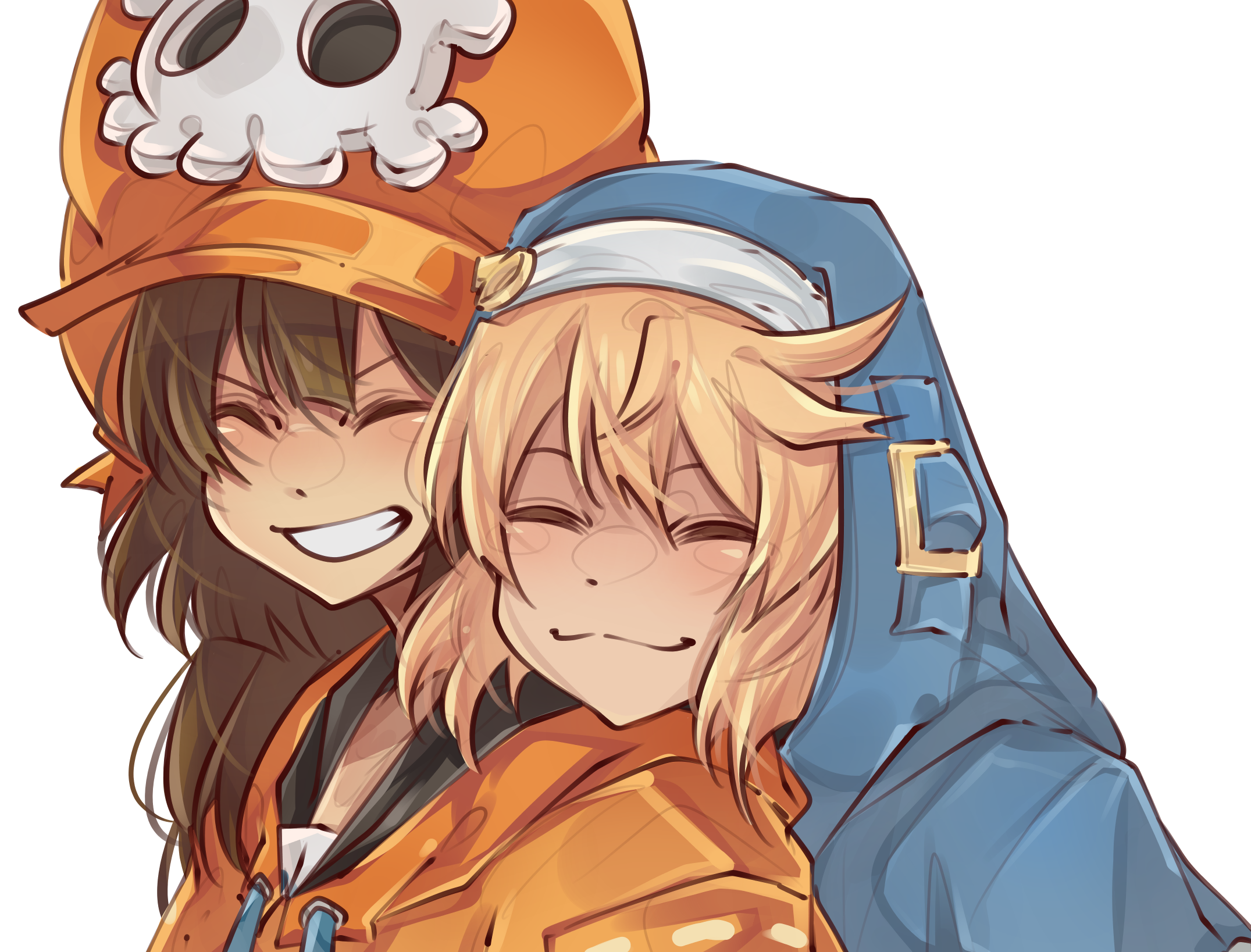 Anime 2151x1637 Bridget (guilty gear) anime girls anime couple yuri simple background white background smiling closed eyes Guilty Gear Guilty gear strive teeth closed mouth long hair two women brunette blonde May (Guilty Gear)