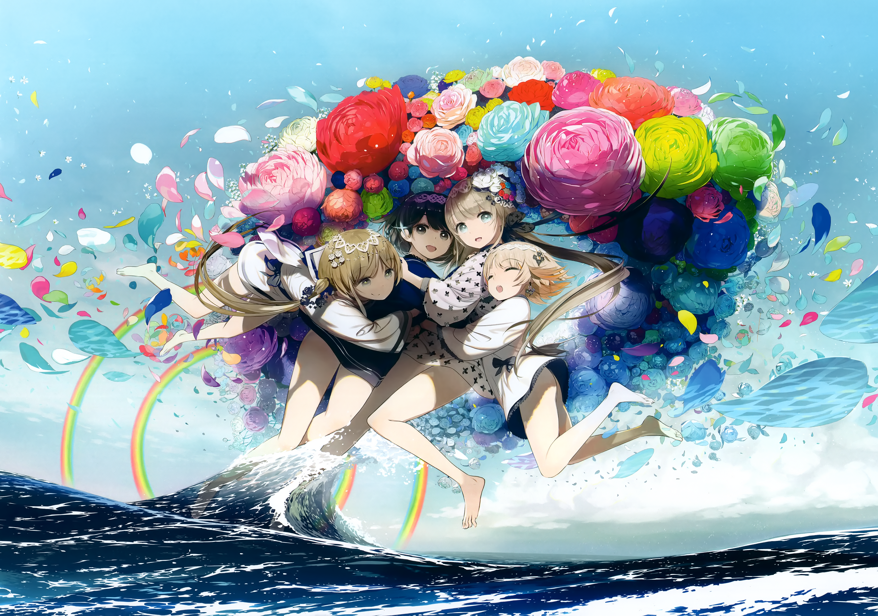 Anime 3045x2137 Okama anime anime girls wet sea blushing smiling flowers looking at viewer long hair colorful open mouth hair ornament rainbows water waves sky sunlight long sleeves hugging group of women barefoot