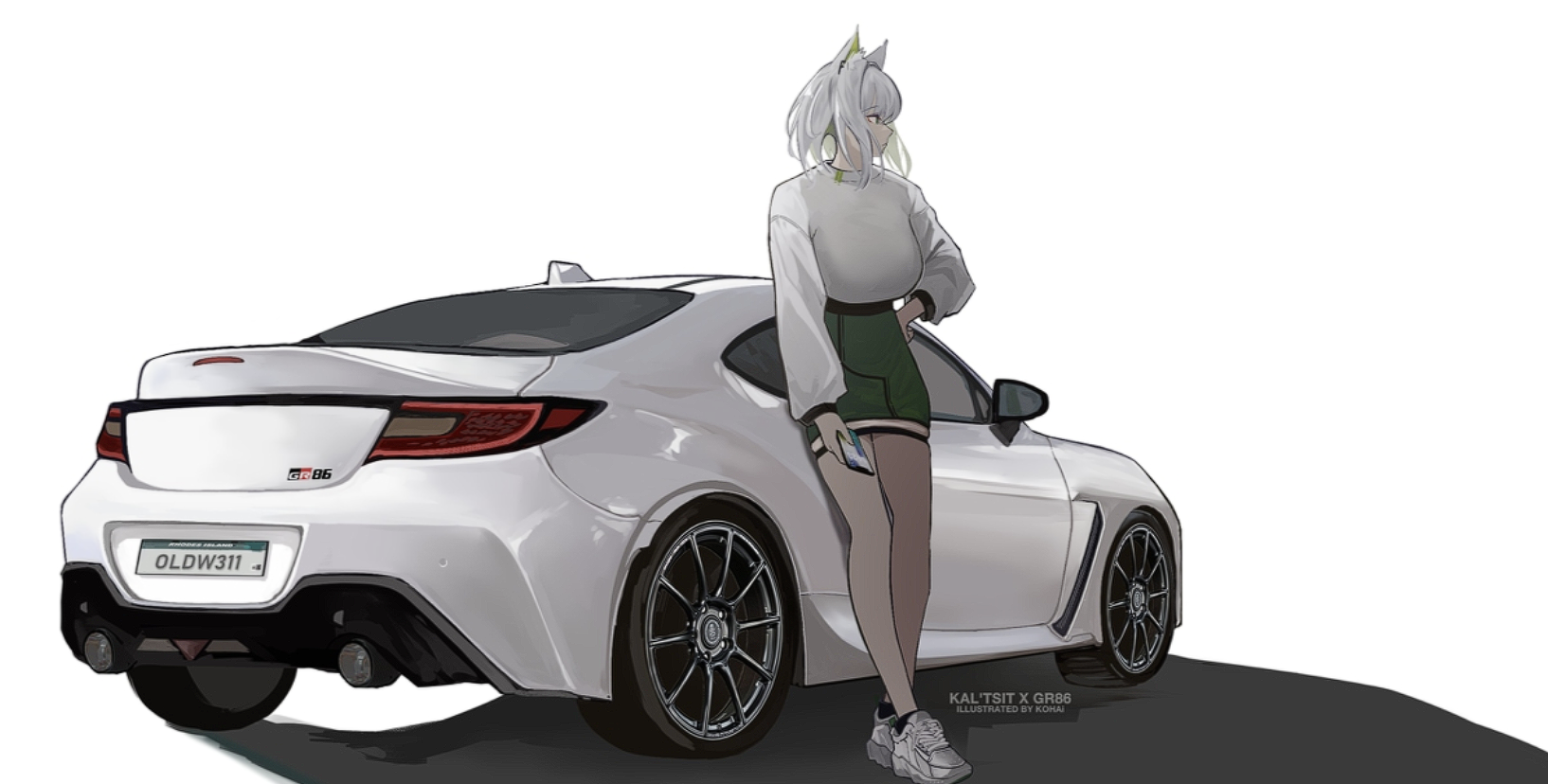 Anime 1634x828 Toyota Toyota GR 86 anime anime girls fan art Arknights white cars green miniskirt miniskirt Kal'tsit (Arknights) artwork