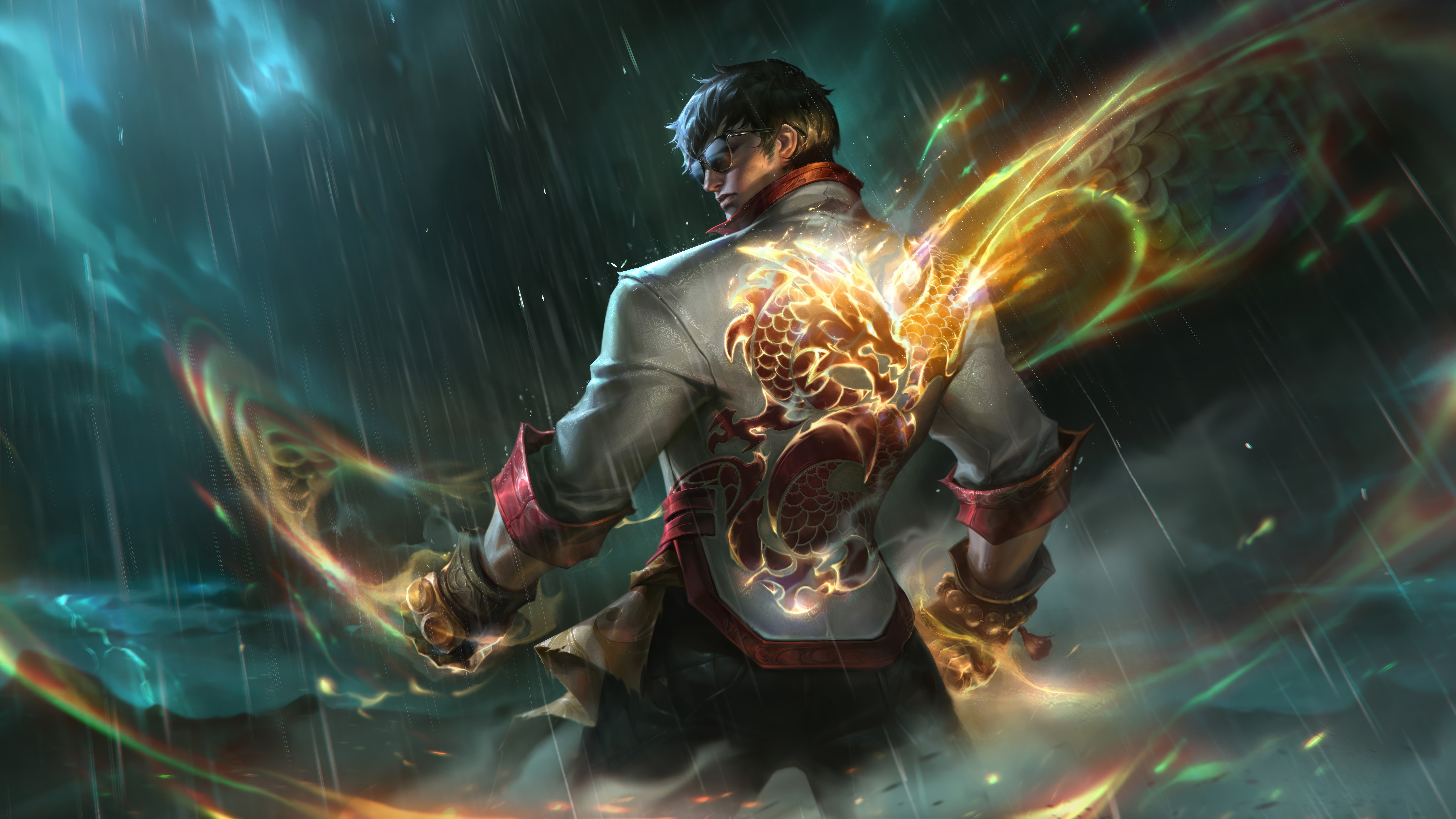 General 7680x4320 Lee Sin (League of Legends) video games GZG Riot Games digital art League of Legends rain video game characters 4K video game men clouds video game art standing men with shades water sunglasses short hair closed mouth tassels rolled sleeves fist