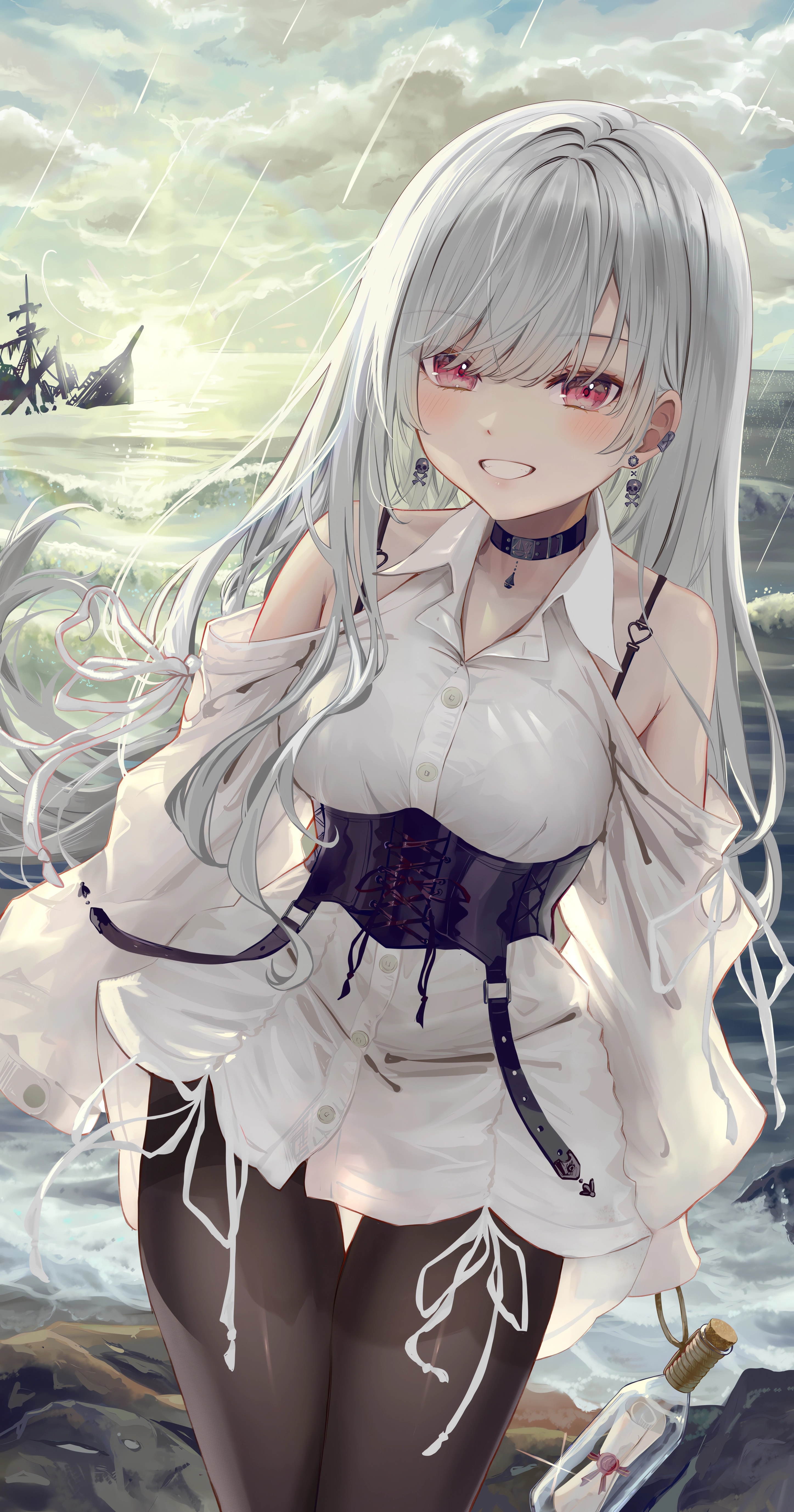 Anime 2894x5508 anime anime girls original characters ItoArtLab long hair portrait display standing looking at viewer smiling women outdoors water sunlight clouds sky ship wreck bottles letter corset earring waves glass bottle blushing rain teeth bare shoulders collar white hair red eyes skull and bones sea straps thighs together