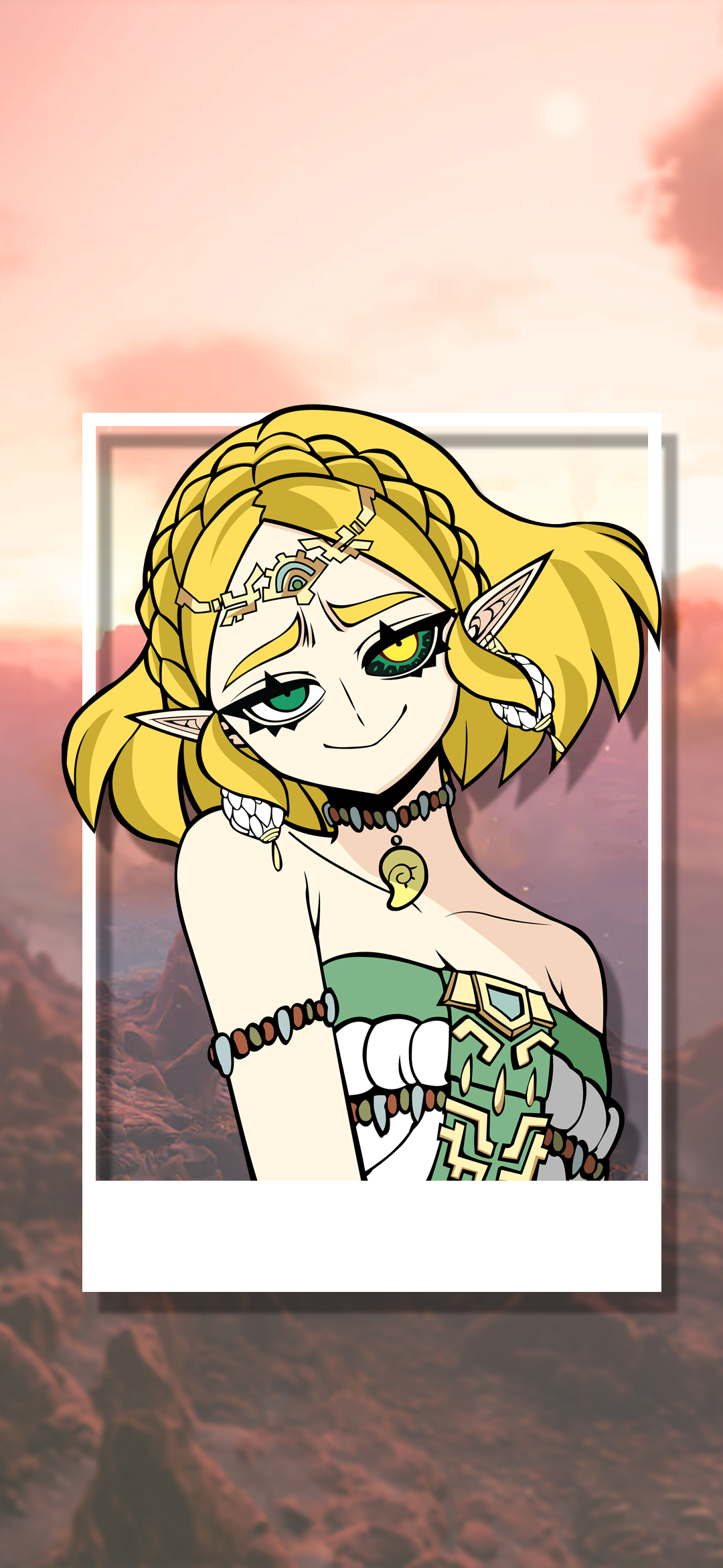 Anime 1080x2340 Zelda The Legend of Zelda: Tears of the Kingdom picture-in-picture jewelry pointy ears earring blonde looking at viewer smiling black sclera video game characters necklace vector Vector trace green eyes yellow eyes bare shoulders large earrings Nintendo dress mountains video game girls choker collarbone head tilt