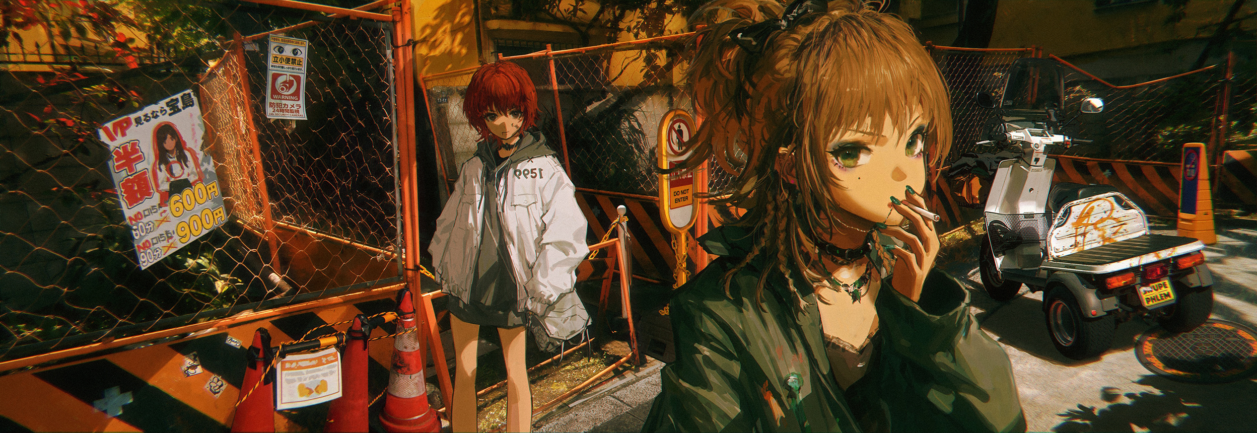 Anime 2496x860 anime anime girls smoking redhead green eyes green nails scooters short hair long hair jacket Wang Xi looking at viewer cigarettes painted nails fence poster signs numbers traffic cone standing taillights wide sleeves two women moles mole under eye blonde open jacket braids sunlight manhole hair between eyes