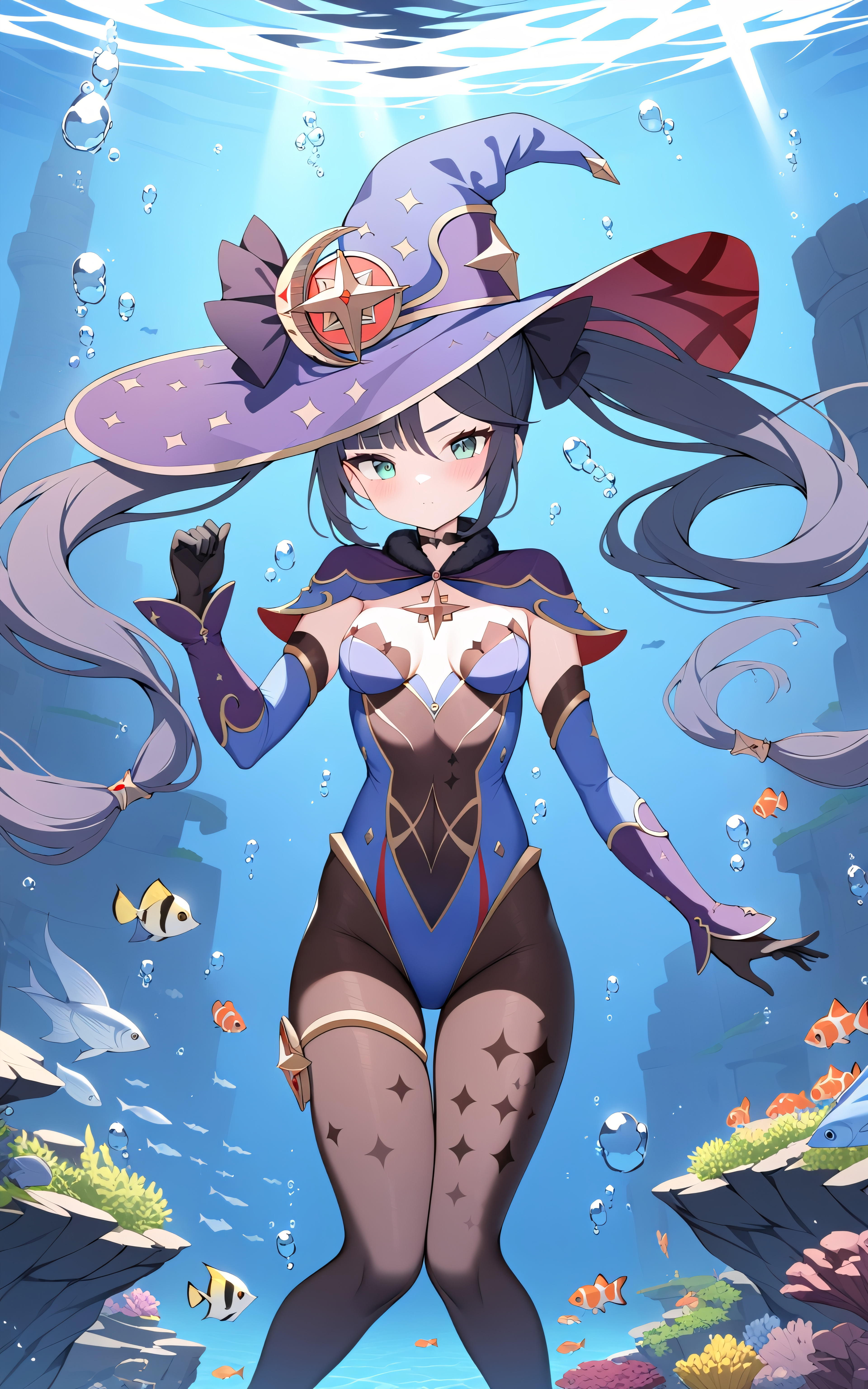 Anime 3840x6144 AI art Mona (Genshin Impact) Genshin Impact anime anime girls underwater fish choker witch hat bangs