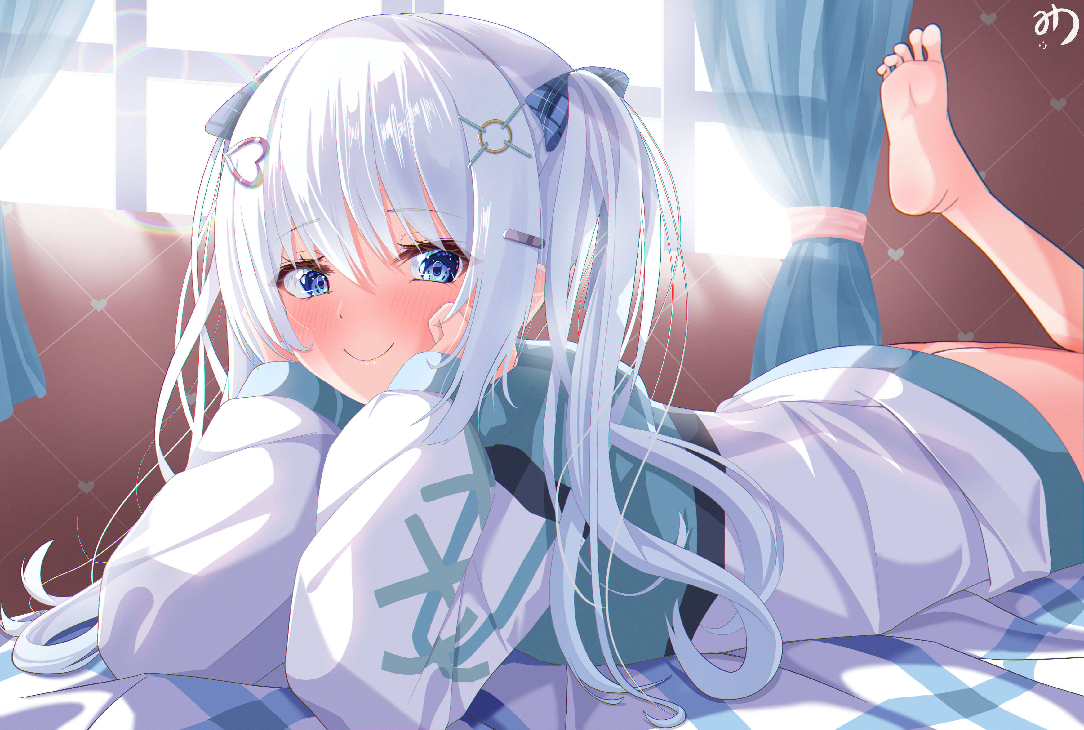 Anime 3496x2354 anime anime girls twintails long hair gray hair blue eyes blushing barefoot