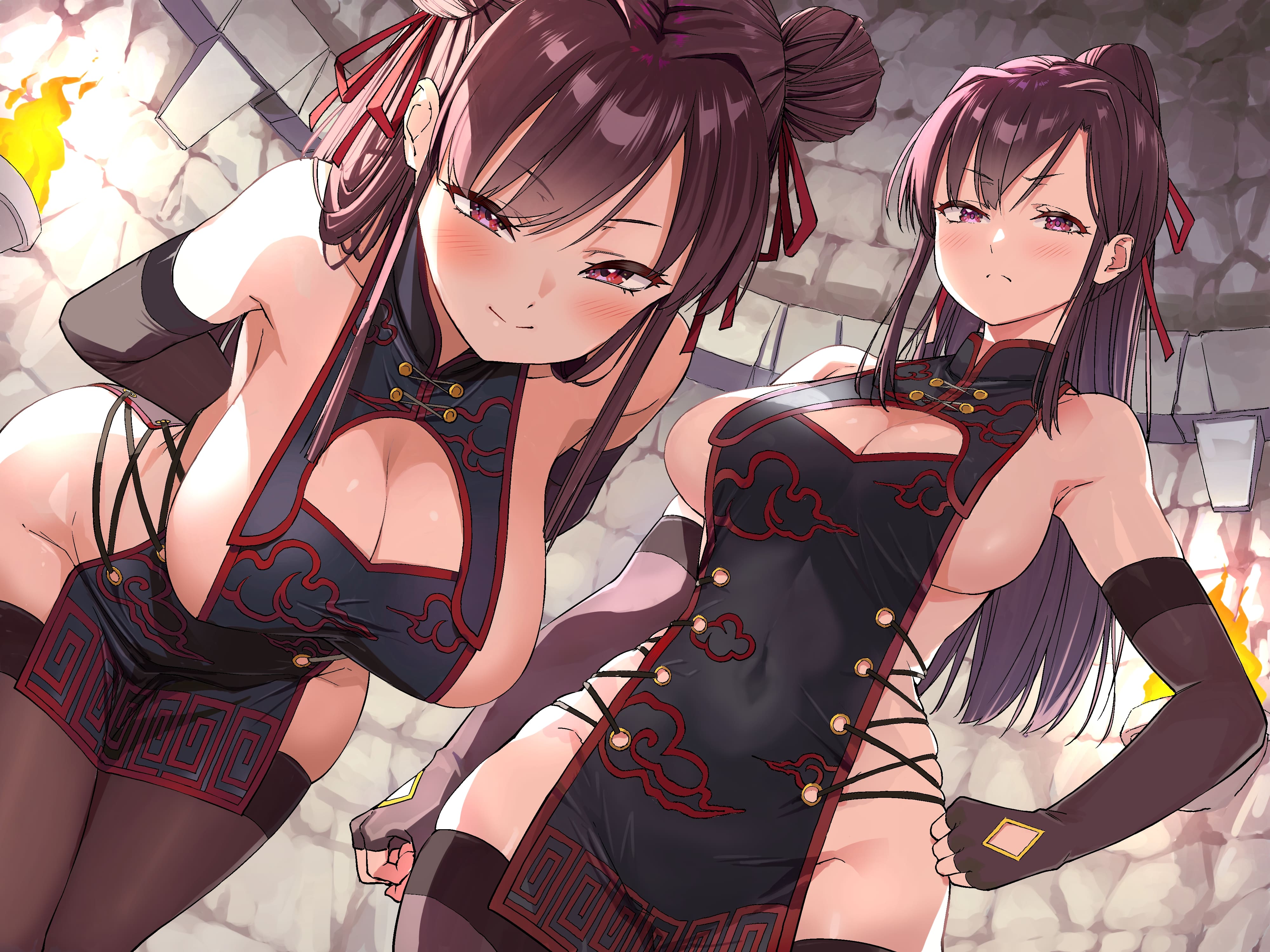 Anime 4000x3000 Ishizaka Ryuudai long hair two women thigh-highs chinese clothing nopan looking at viewer gloves elbow gloves bent over women indoors no bra huge breasts cleavage cleavage cutout dress ponytail chinese dress bare shoulders smiling red eyes black stockings stockings closed mouth clothing cutout standing
