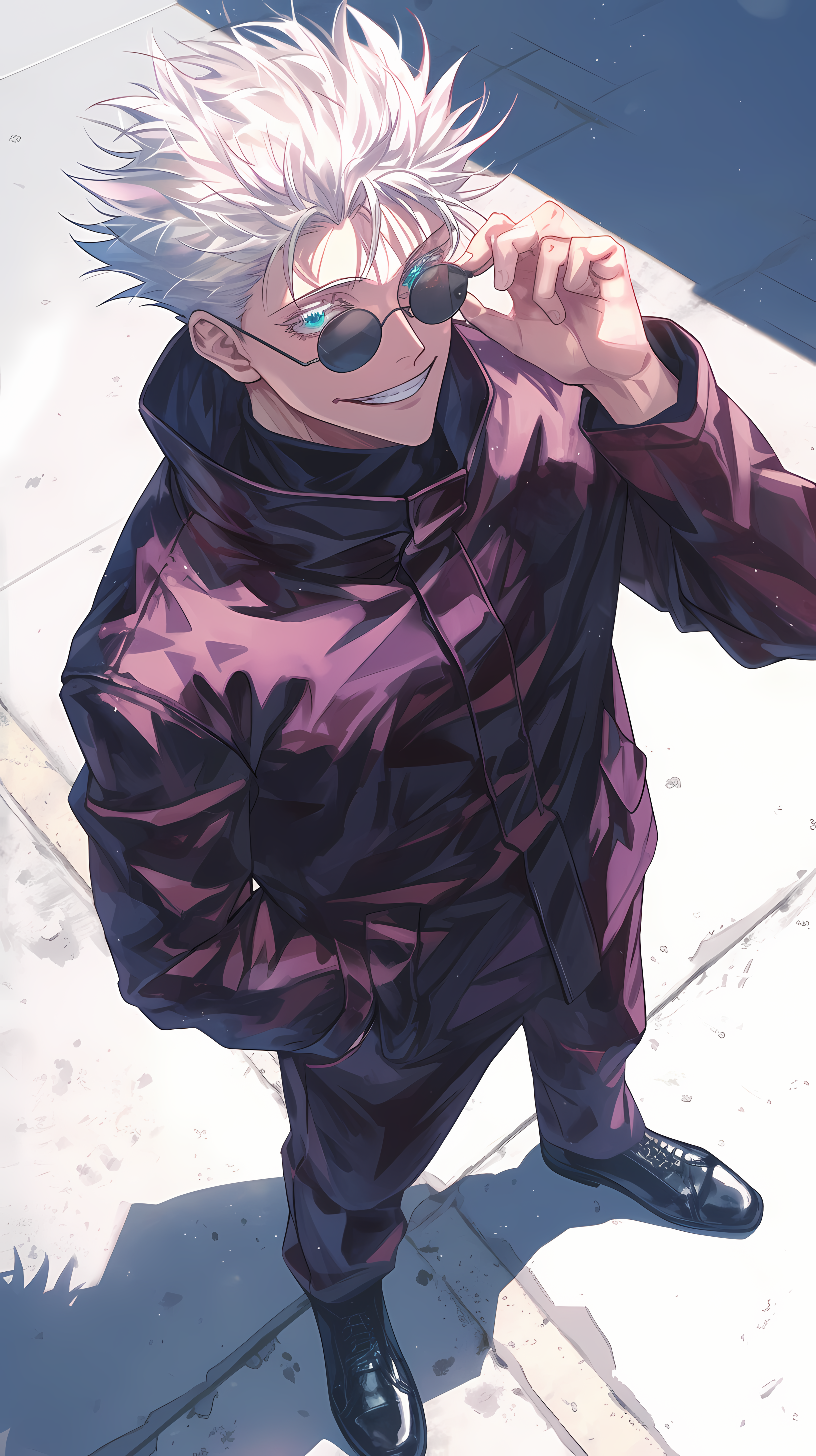 Anime 3264x5824 high angle AI art Satoru Gojo Jujutsu Kaisen white hair suits glasses men with glasses portrait display short hair looking at viewer smiling long sleeves standing hands in pockets teeth blue eyes anime boys