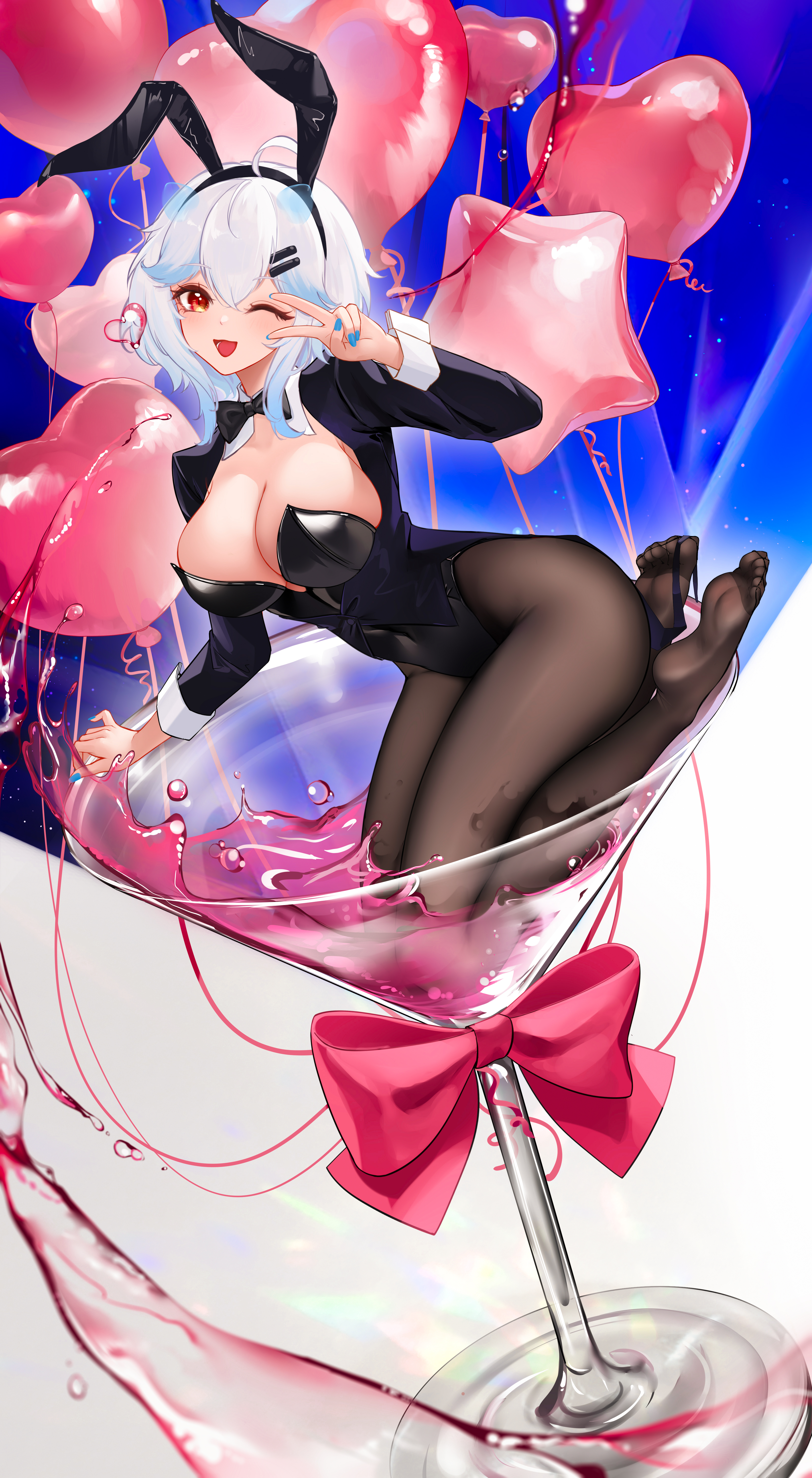 Anime 3300x6000 Liu Liaoliao bunny suit portrait display long hair looking at viewer balloon one eye closed pantyhose black pantyhose smiling black leotard nail polish hair ornament hair clip huge breasts hairband bunny ears bunny girl pointed toes white hair open mouth cleavage peace sign long sleeves leotard drink wet heels thighs wink anime girls foot sole hair between eyes glass blue nails painted nails