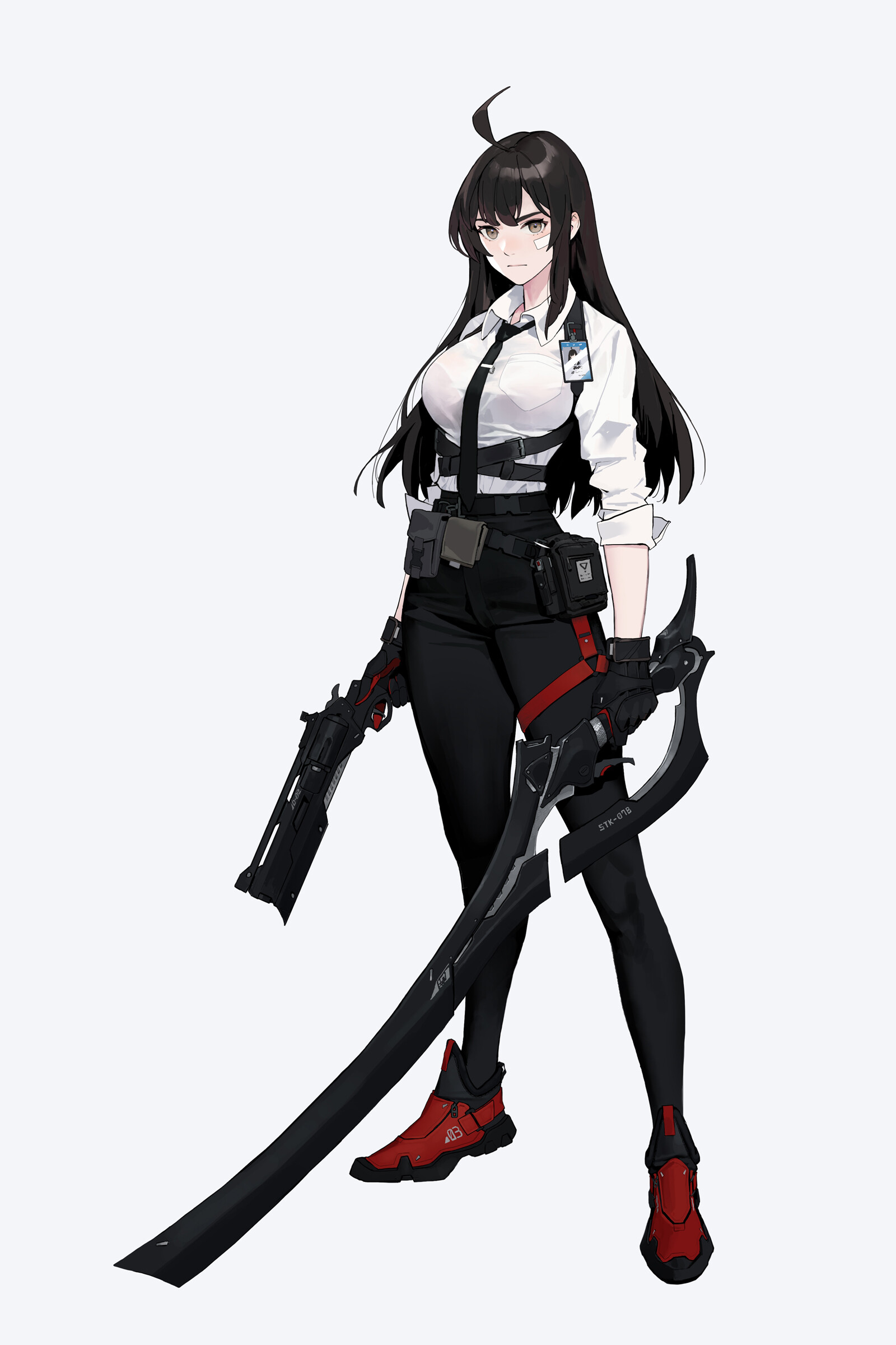 Anime 1600x2400 DHK drawing women dark hair long hair weapon gun blades holster shirt white background simple background minimalism Dongho Kang