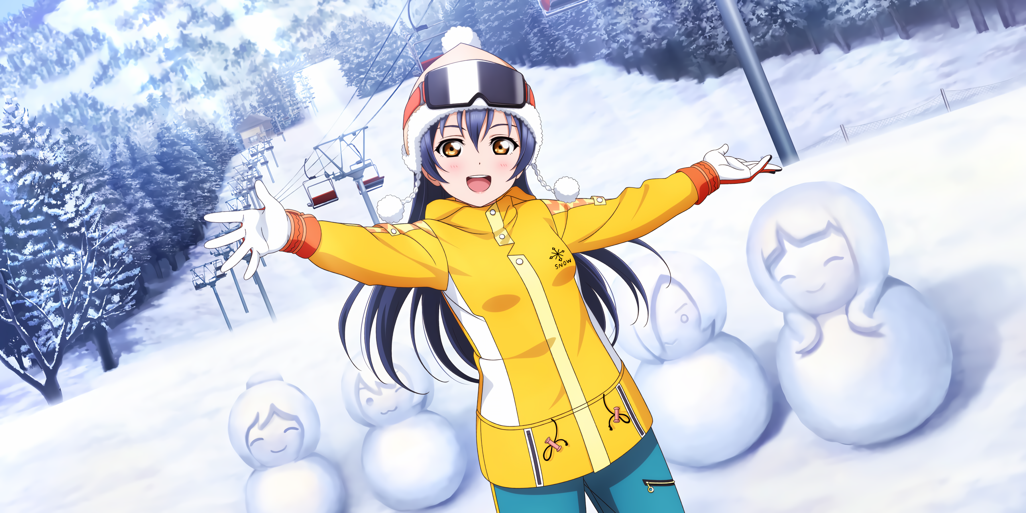 Anime 3600x1800 Sonoda Umi Love Live! anime anime girls snow snowman trees hat gloves
