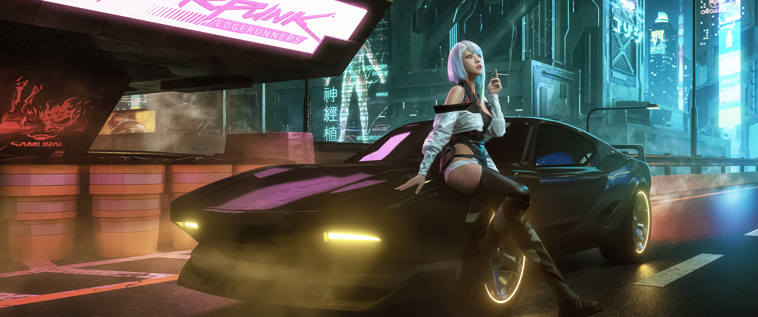 People 2560x1072 Neko Koyoshi women Cyberpunk: Edgerunners cosplay silver hair leather car cyberpunk pink neon Asian