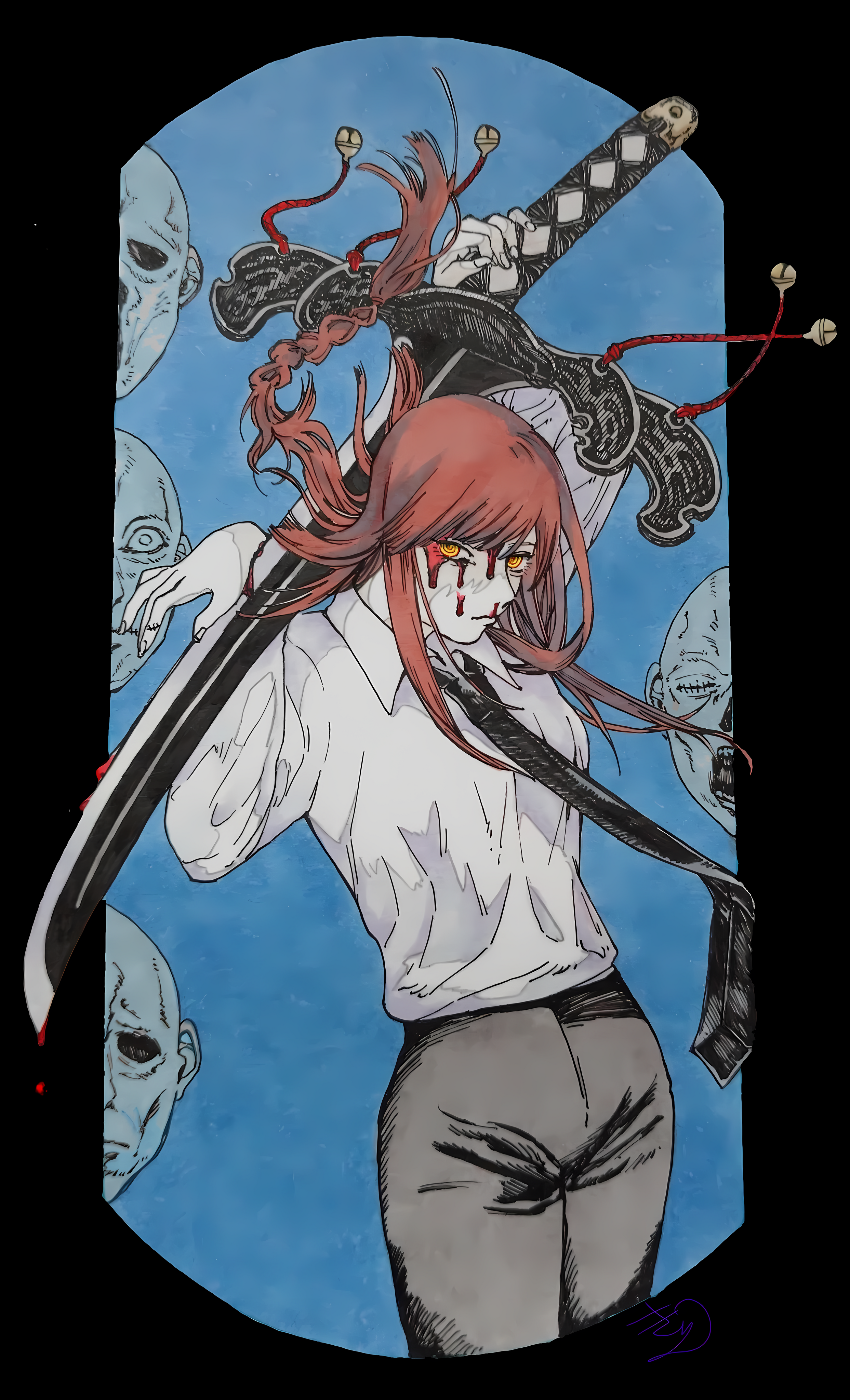 Anime 2486x4096 Makima (Chainsaw Man) Chainsaw Man anime girls sword portrait display redhead blood yellow eyes