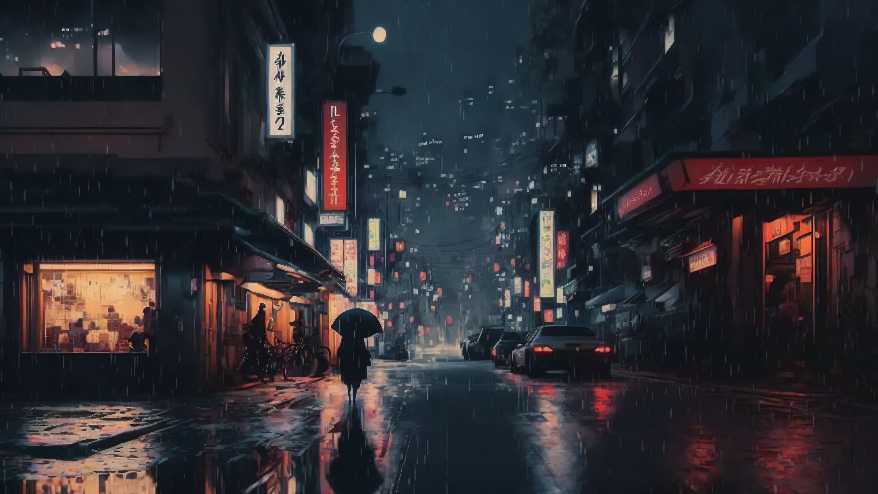 General 3072x1728 night rain AI art cyberpunk digital art artwork Tokyo sky street