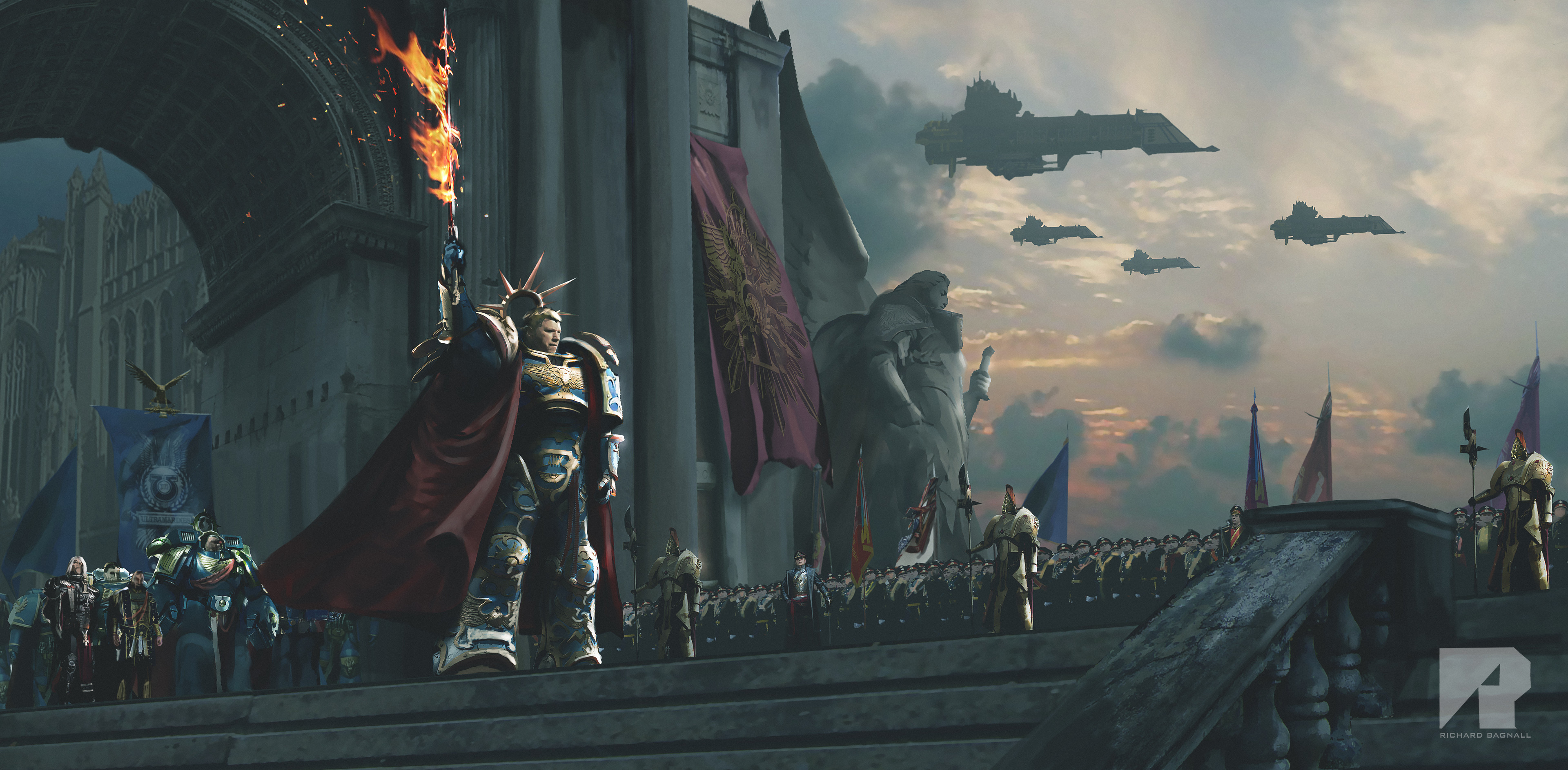 General 3840x1887 Warhammer Warhammer 30,000 Warhammer 40,000 science fiction high tech magic primarchs primarch blue gold red dark black power armor spaceship statue sky clouds fire torches army Imperium of Man Ultramarines city wall cape sword Ultramar sister of battle Terminator Armor video games video game art video game characters