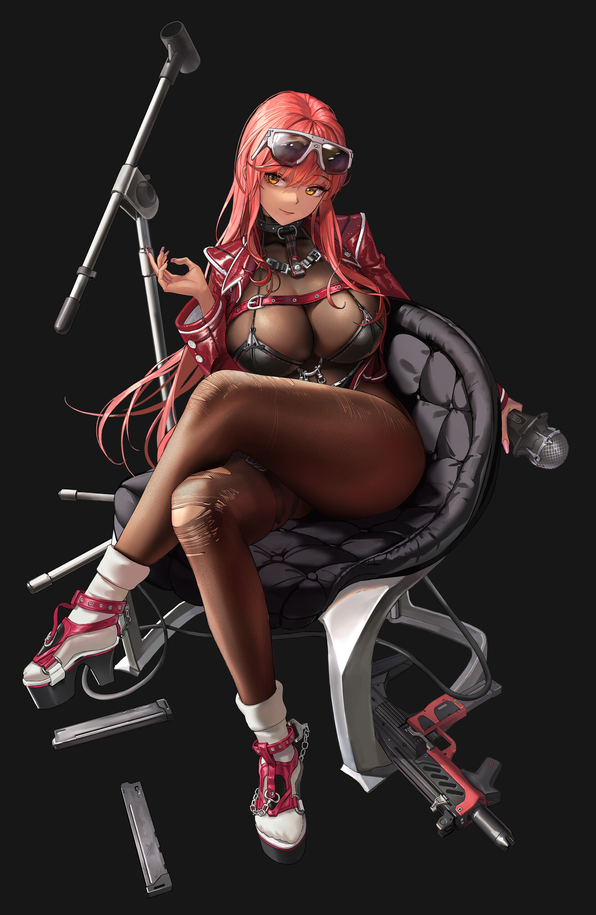 Anime 1920x2947 anime anime girls boobs thighs big boobs curvy pink hair legs crossed cleavage torn clothes leather jacket leather sunglasses yellow eyes looking away microphone weapon white socks ammunition long hair armchair Nikke: The Goddess of Victory Seung Mo Kim Volume (Nikke) socks short socks shoes
