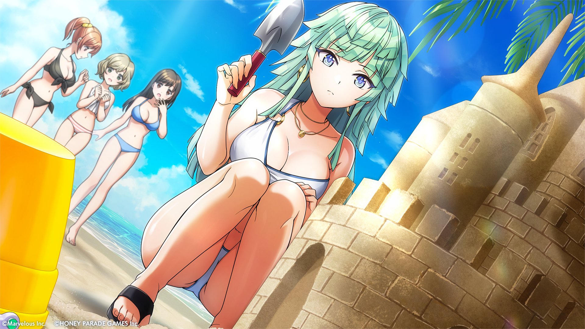 Anime 1920x1080 anime anime girls squatting sand sand castle beach cleavage big boobs bikini