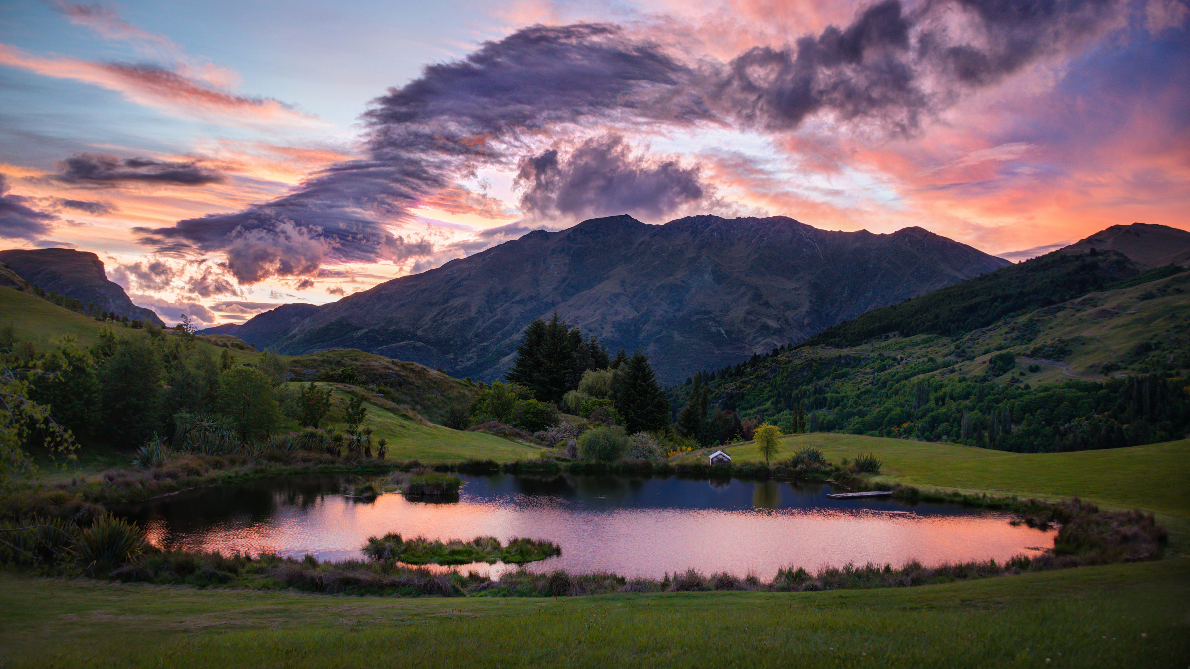 General 3840x2160 landscape 4K New Zealand nature mountains clouds lake water trees sunset glow
