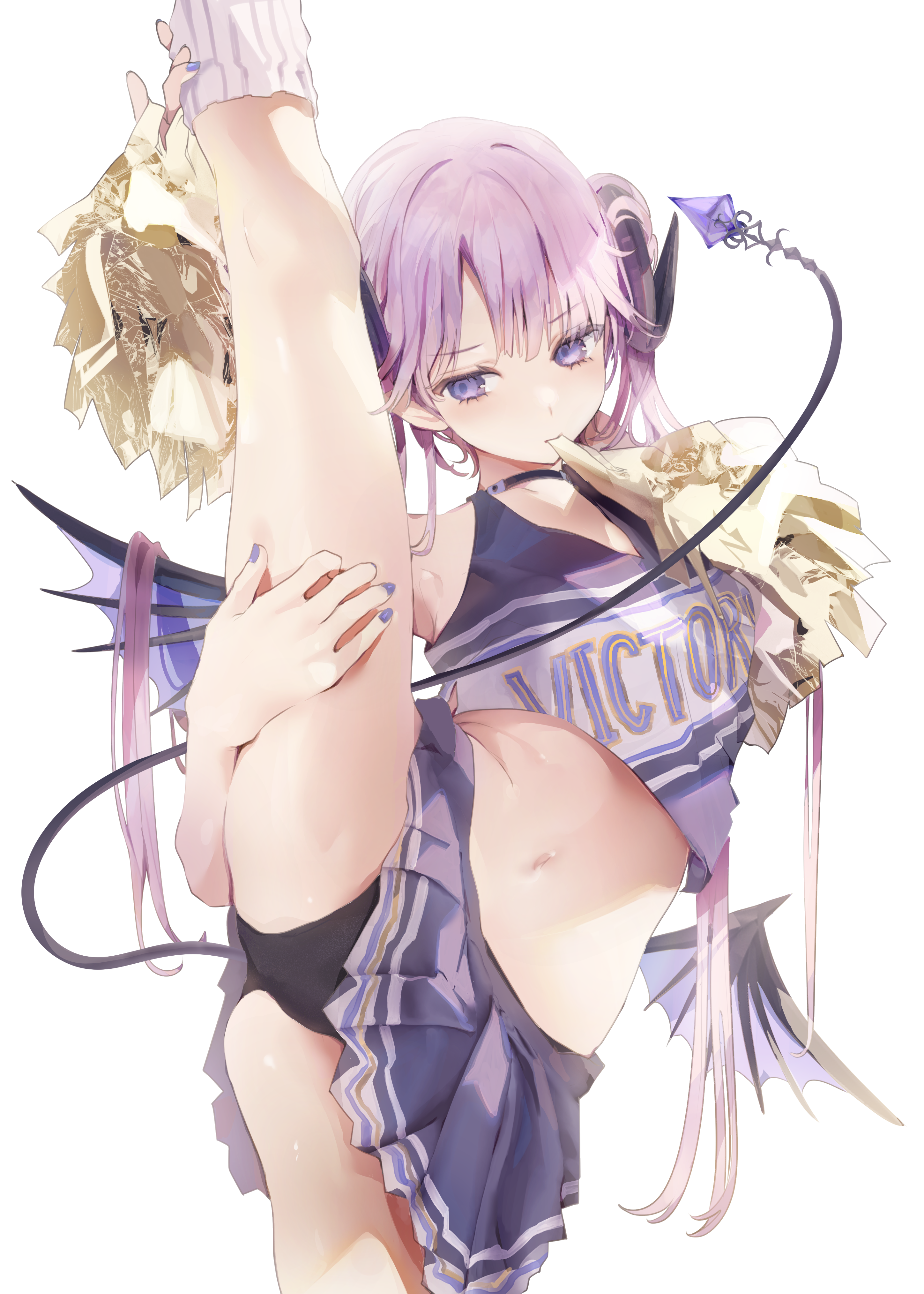 Anime 2896x4054 purple hair legs up panties black panties anime girls spread legs cheerleaders belly demon girls demon tail horns JIMA