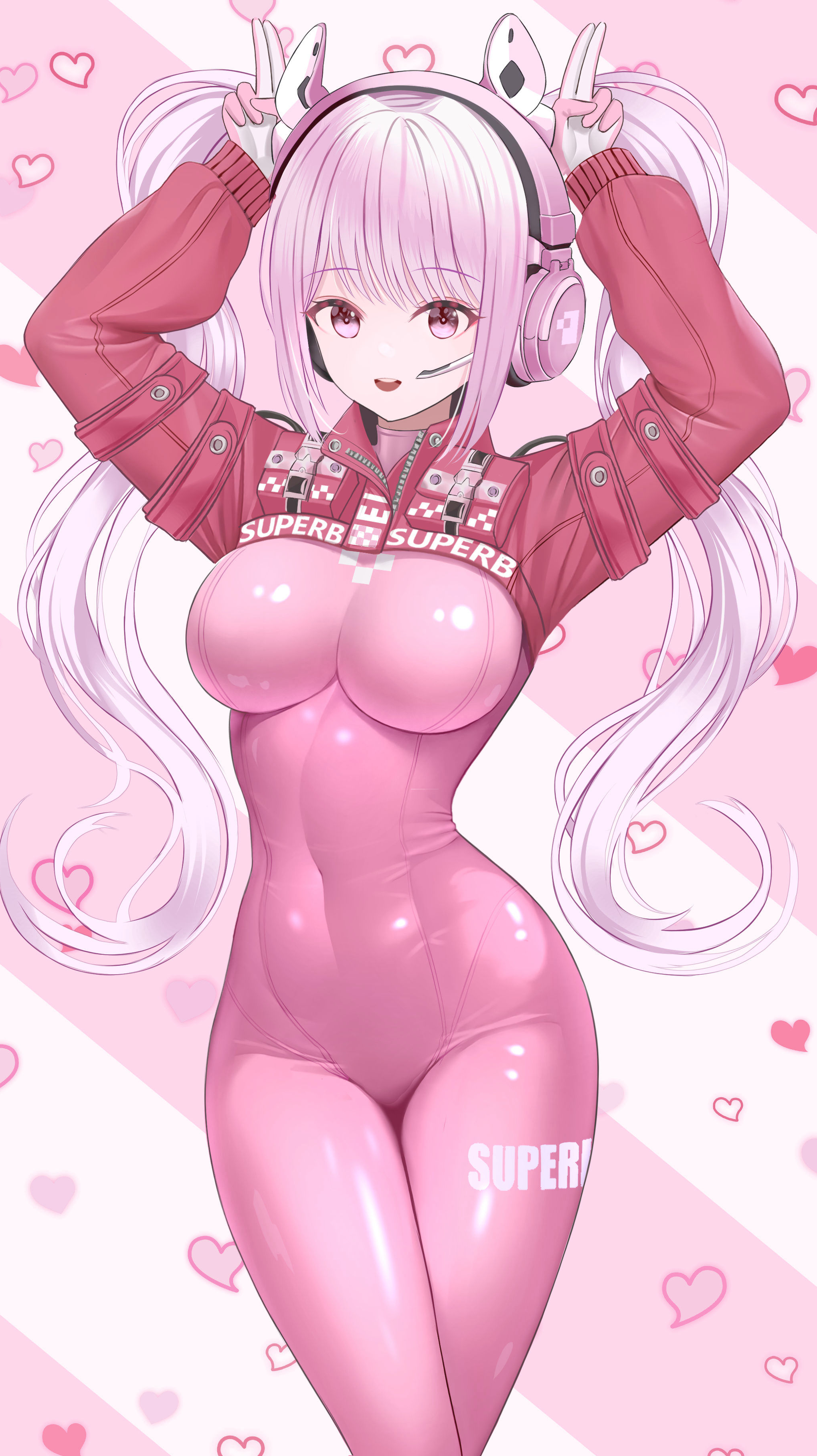 Anime 2047x3648 anime anime girls Nikke: The Goddess of Victory Alice (Nikke) bodysuit boob pockets arms up hand gesture open mouth pink clothing twintails silver hair long hair headphones pink eyes heart (design) belly looking at viewer hips big boobs pink hair plugsuit boobs