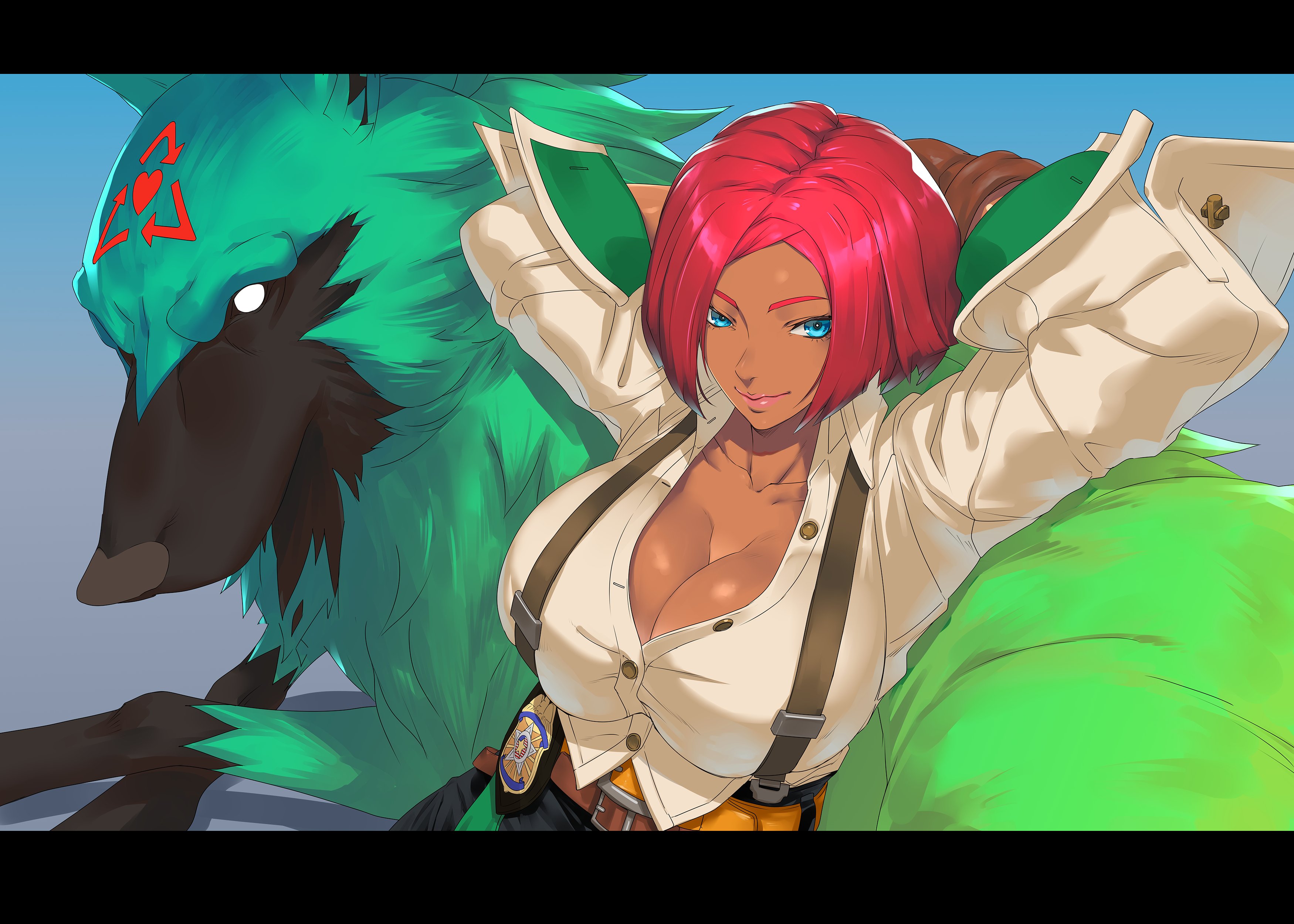Anime 3500x2500 Giovanna (Guilty Gear) Guilty gear strive Guilty Gear anime games anime girls dark skin redhead arms up cleavage big boobs blue eyes creature