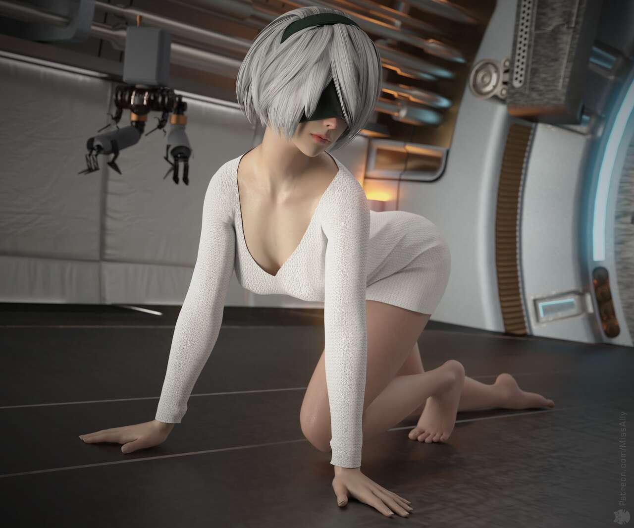 Anime 1280x1066 anime girls boobs Nier: Automata blindfold barefoot bent over white hair 2B (Nier: Automata) CGI