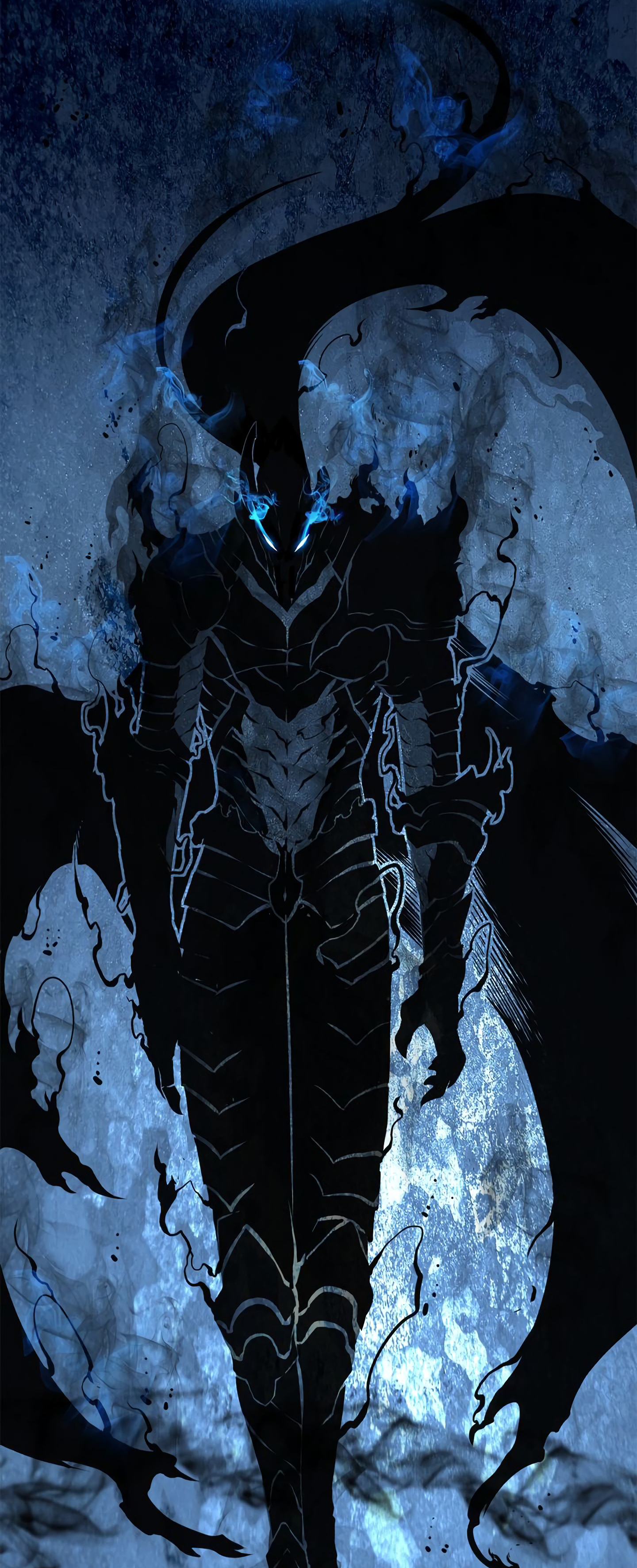 Anime 1440x3544 Solo Leveling Igris looking at viewer knight glowing eyes blue warrior webtoon cape armor portrait display
