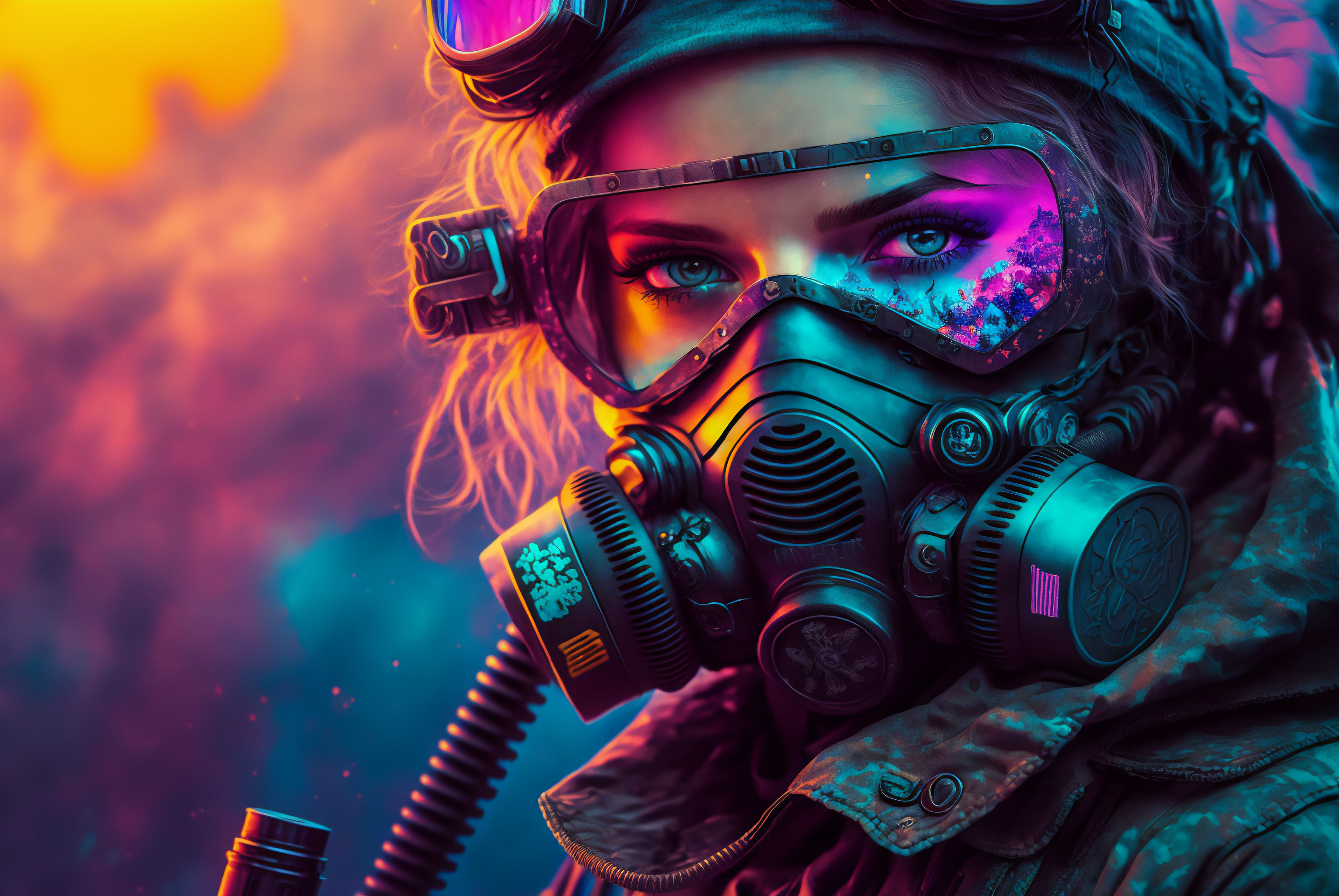 General 3060x2048 AI art women cyberpunk gas masks eyes neon colorful portrait psychedelic
