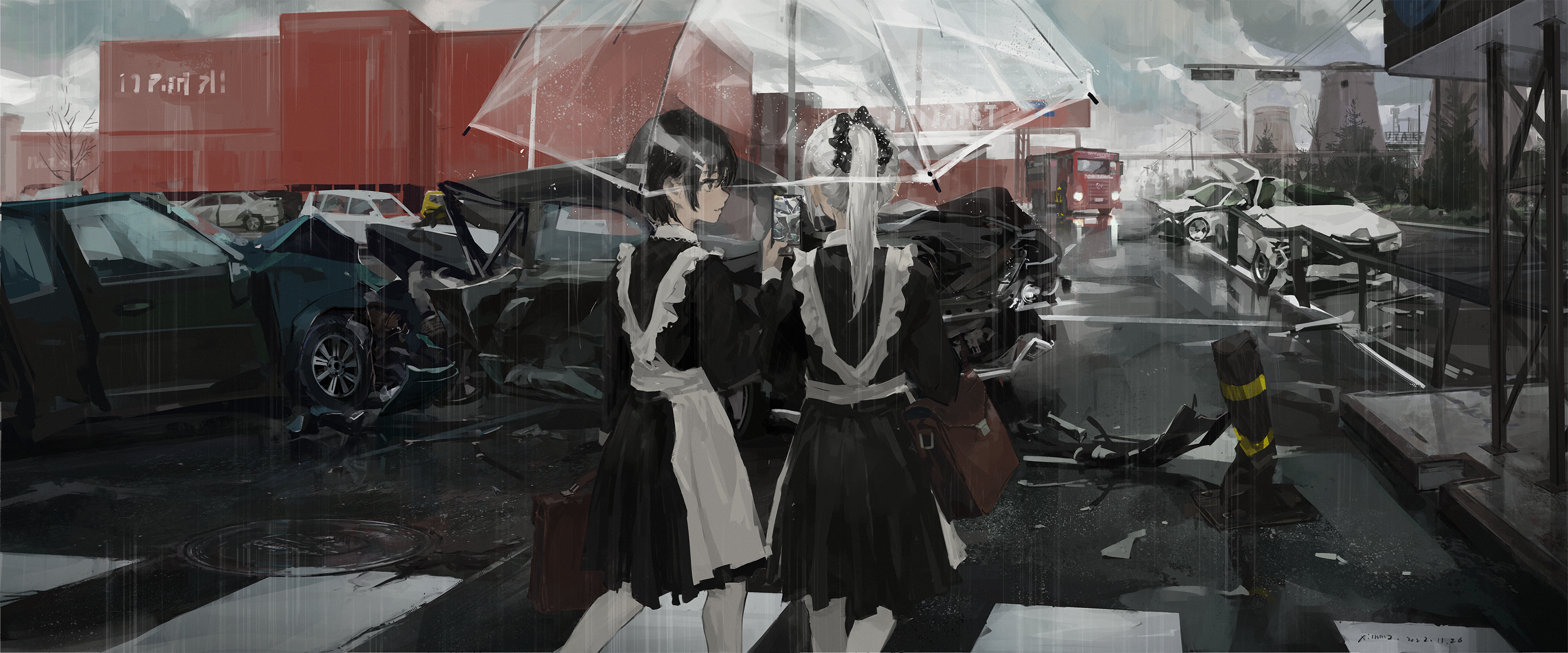 Anime 3079x1283 anime rain maid outfit maid car purse two women umbrella XilmO artwork