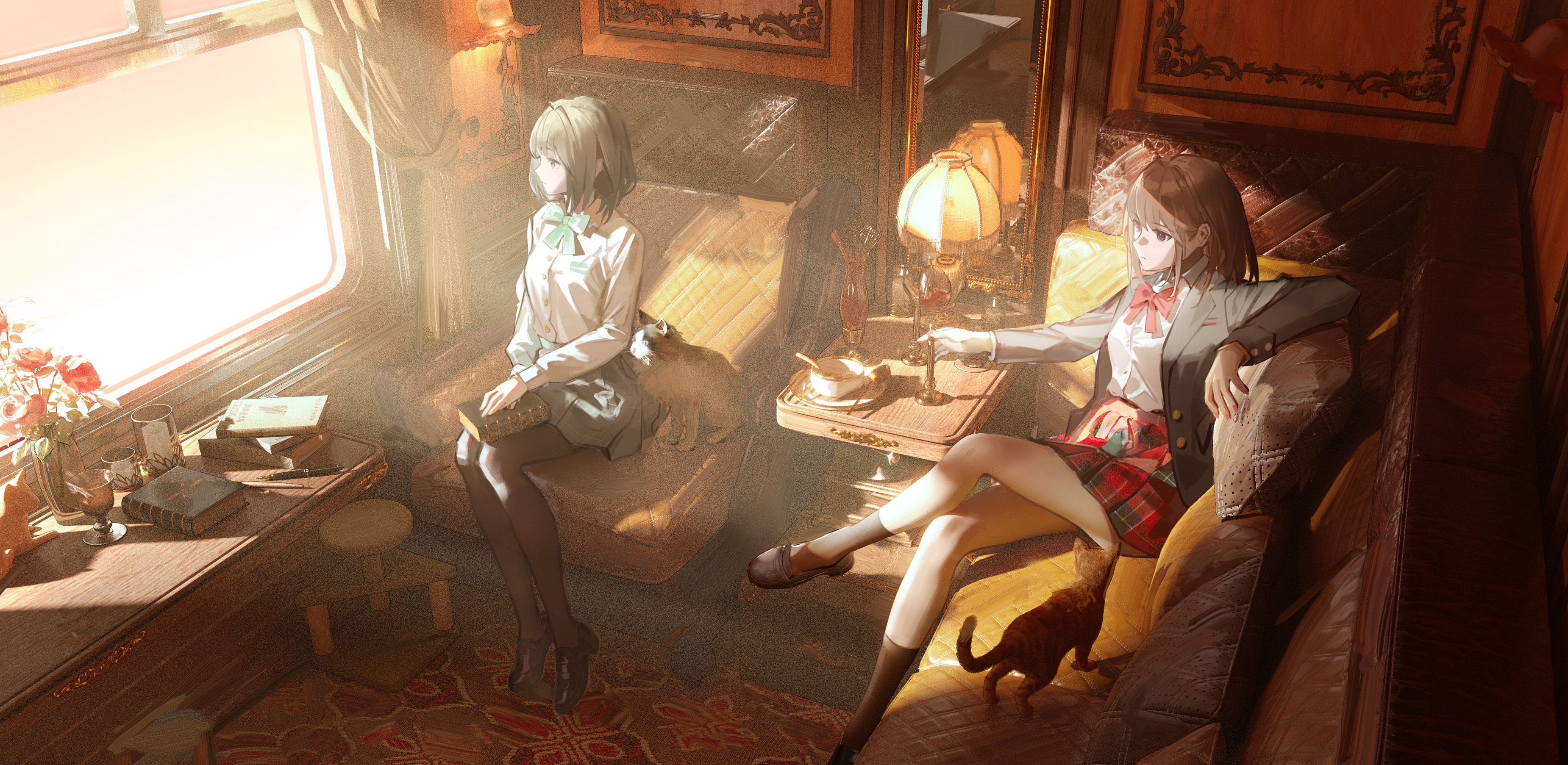 Anime 3700x1806 train cats sunrise high angle legs crossed looking away two women couch anime girls sunlight