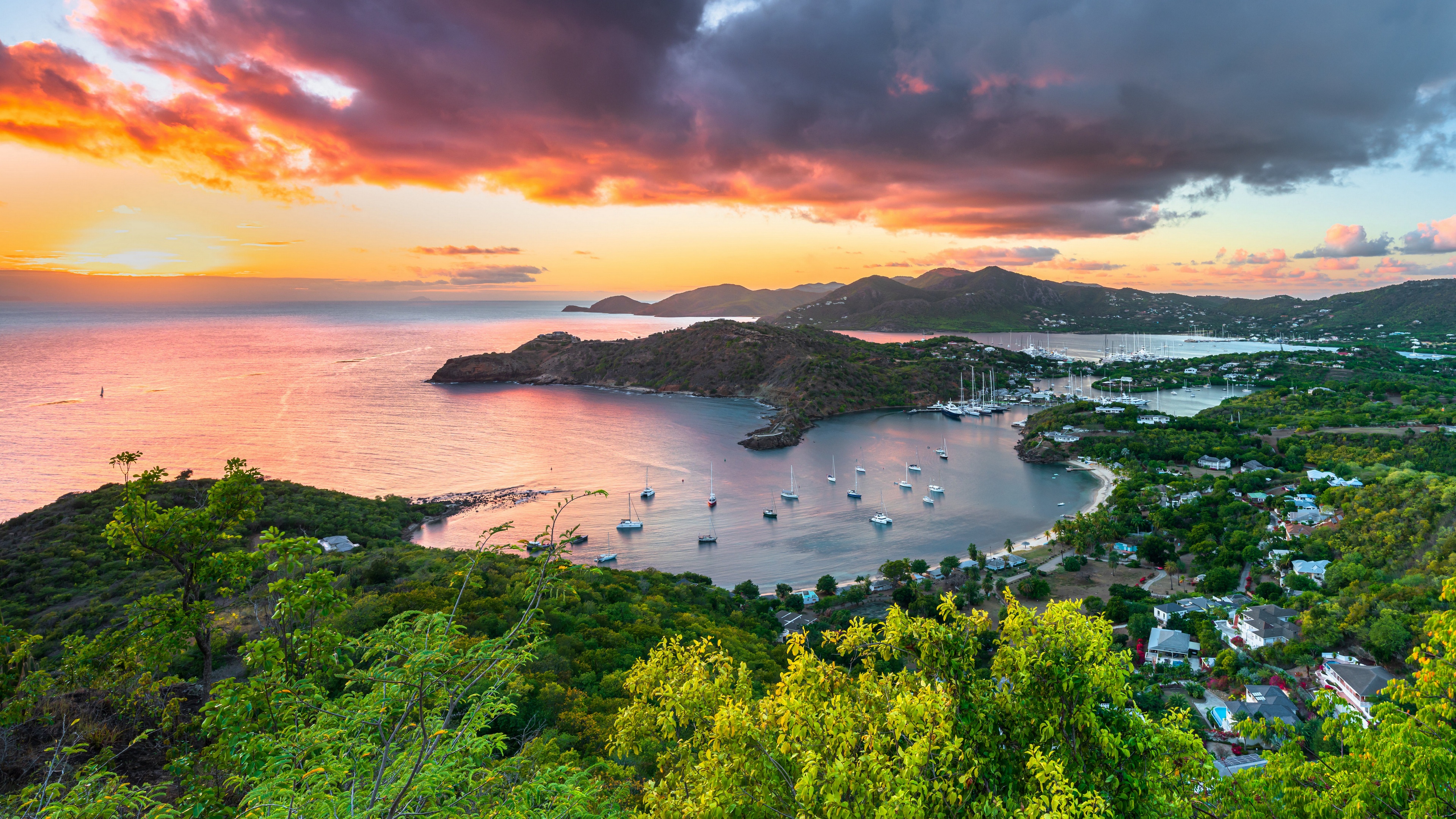 General 3840x2160 Antigua and Barbuda island sea bay nature city sky sunset clouds ship landscape water sunset glow